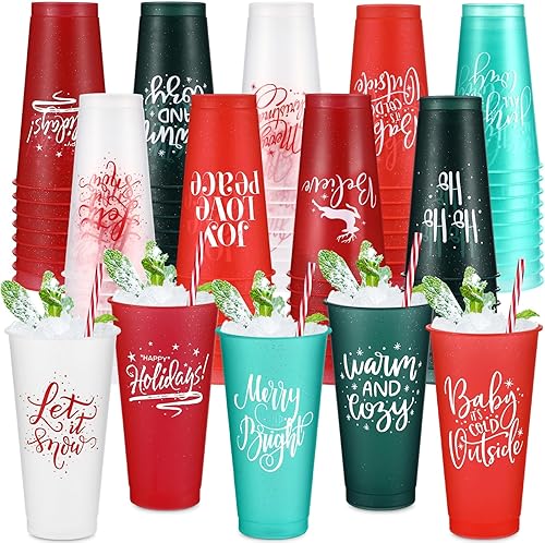Miniatura 7 de Tioncy 30 vasos de plástico de Navidad con tapas y popote a granel, vasos de plástico de Navidad reutilizables de 25 onzas, tazas de Navidad para