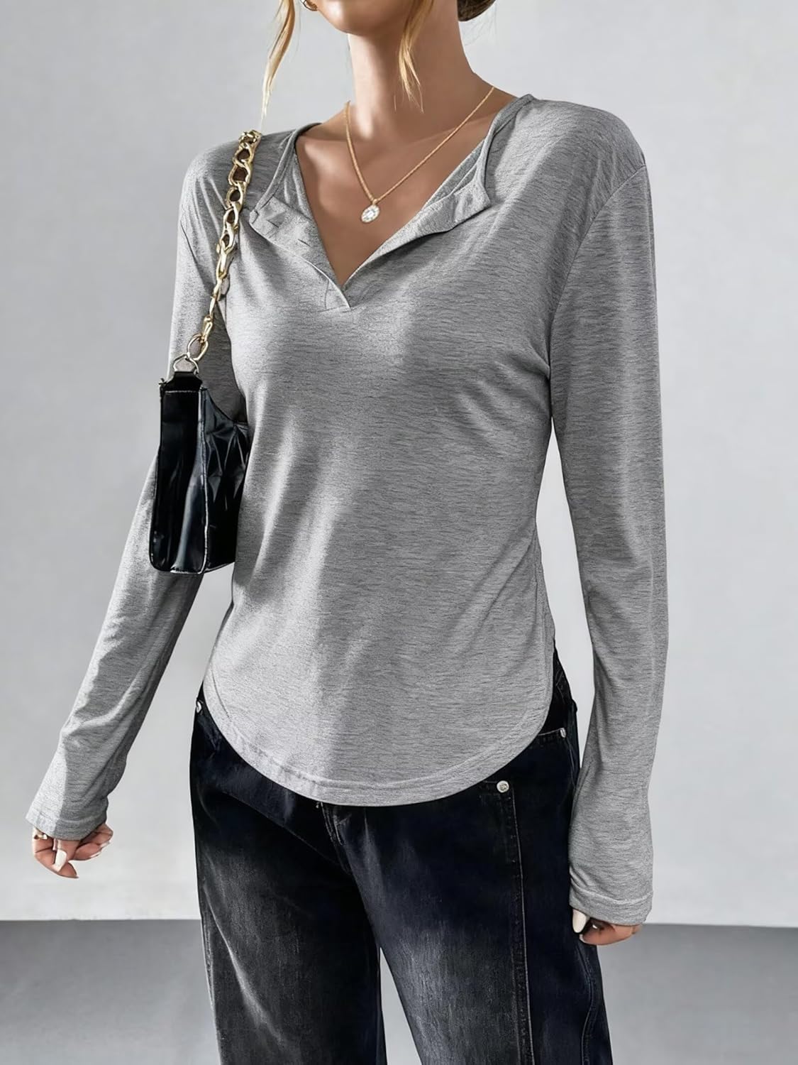 Women's Button-Front Long-Sleeve T-Shirt Curved Hem 2025 Fashion Top - Image 5
