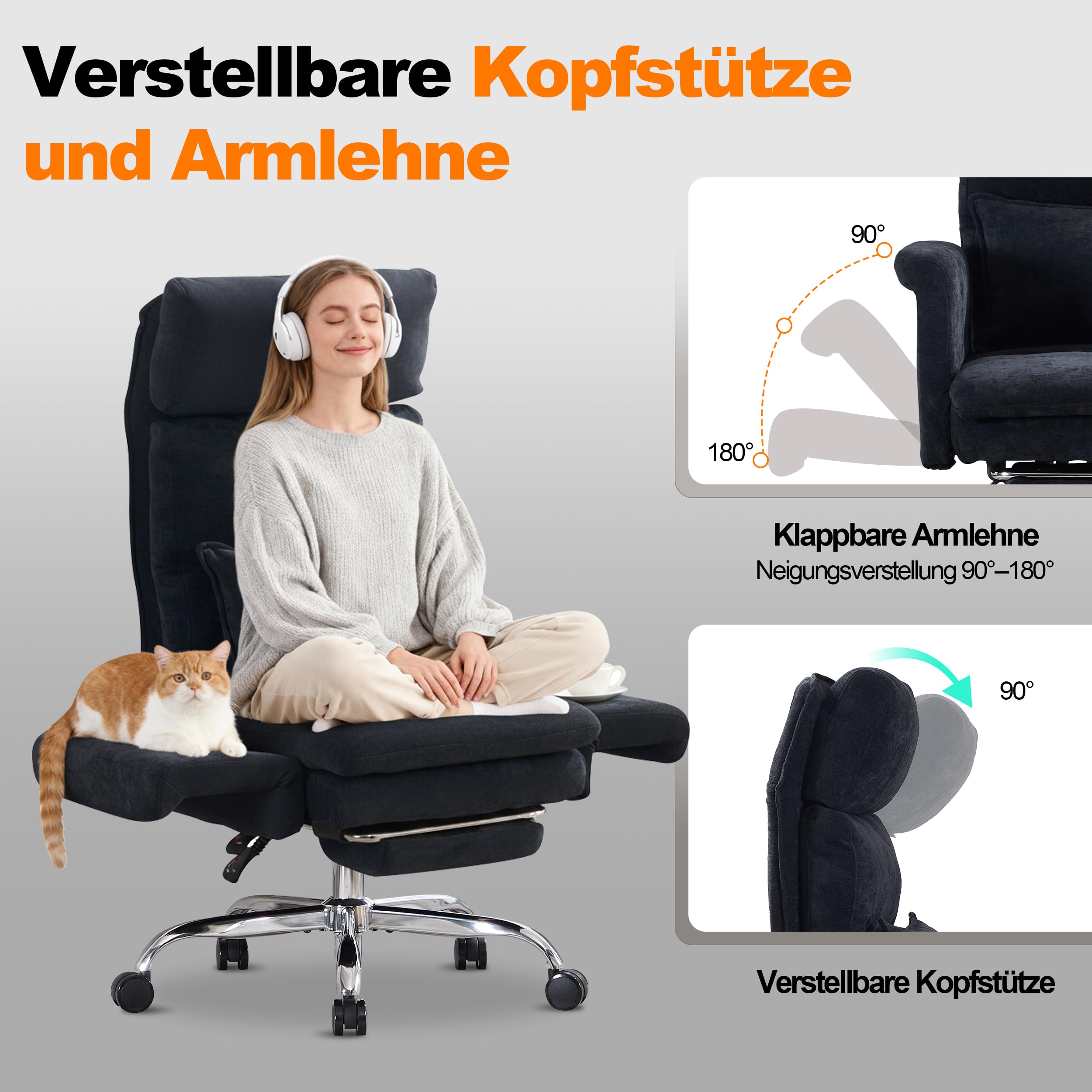 UEV Bürostuhl Ergonomisch mit Fußstütze bis 226kg,Drehstuhl schwarz | klappbare Armlehnen,Dicker Sitzpolsterung,Verstellbarer Kopfstütze,Schreibtischstuhl für schneidersitz,Computerstuhl