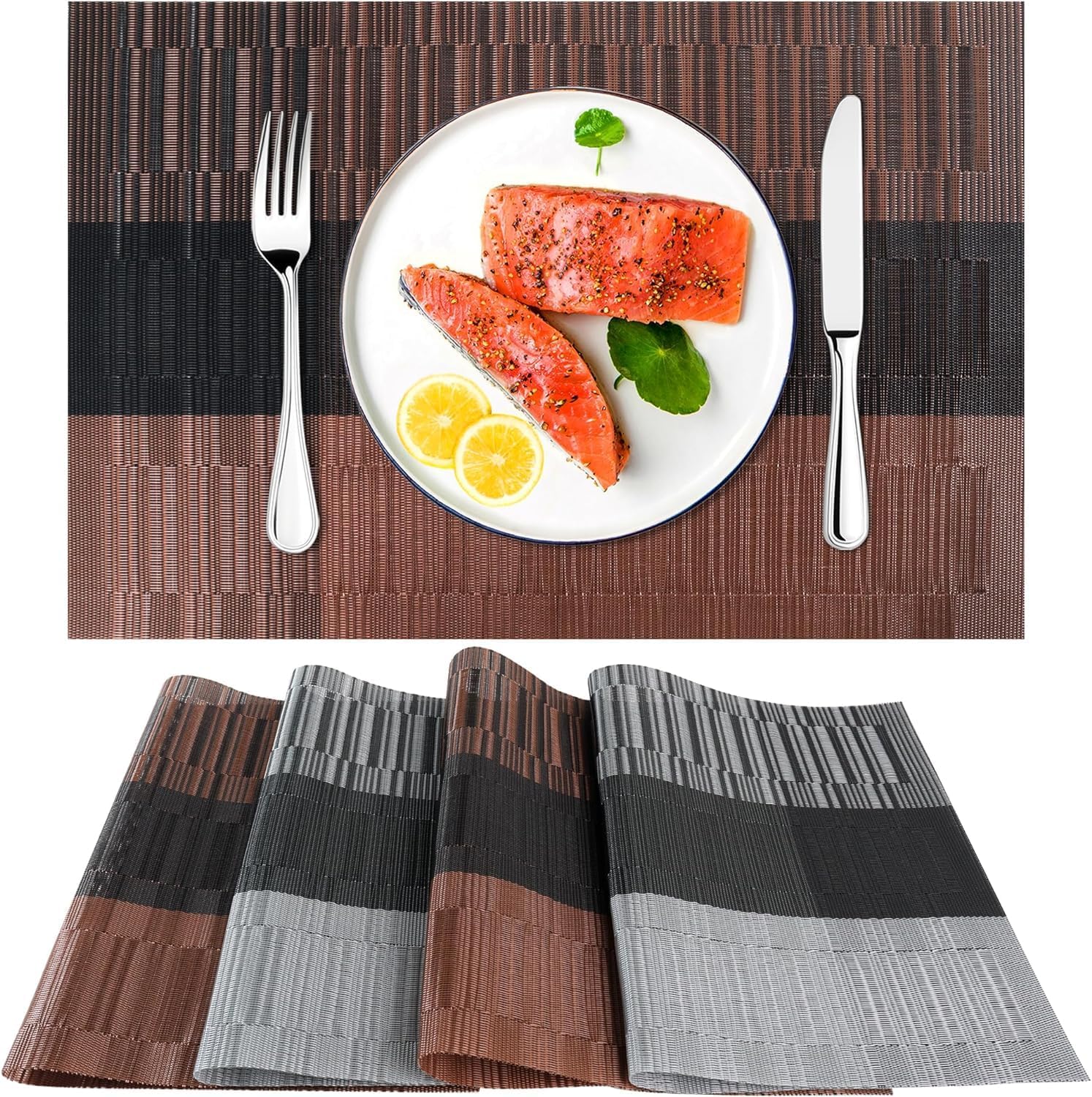 FIDEO Premium PVC Dining Table Placemats Set of 4 | Heat Resistant Non-Slip Washable Table Mats | Stain Resistant Vinyl Place Mats for Kitchen Dining Table | Easy to Clean & Quick Dry | Grey & Brown