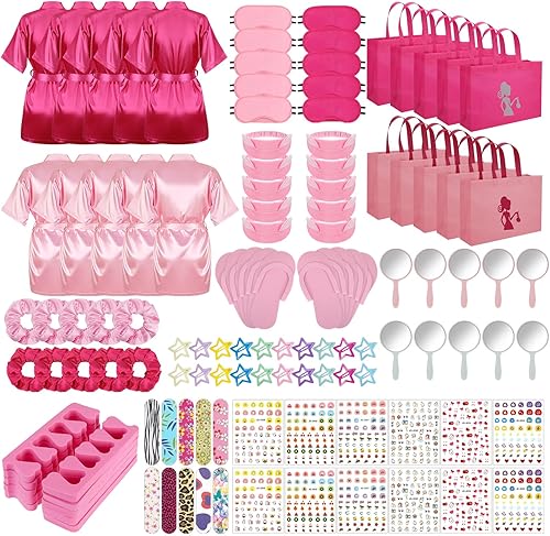122 piezas Kit de fiesta de spa rosa y rosa intenso para niñas, paquete de 10 recuerdos de fiesta de pijamas con batas de satén, bolsas de mano y