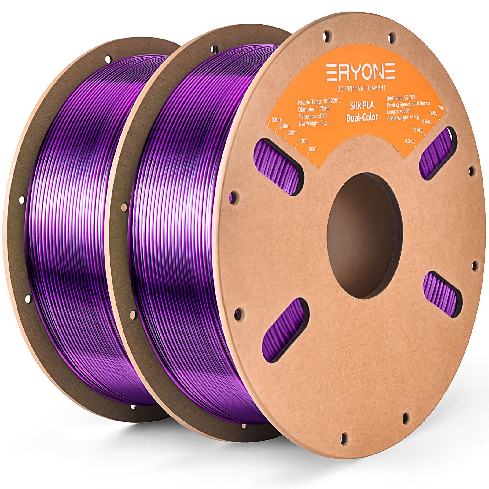 ERYONE Silk Bicolor Filamento PLA 2 kg Impresora 3D 1,75 mm +/- 0,03 mm Seda Coextrusión PLA Filamento Brillante Lote de 2 bobinas de cartón de 1 kg (2,2 LB) Seda Negro y Púrpura