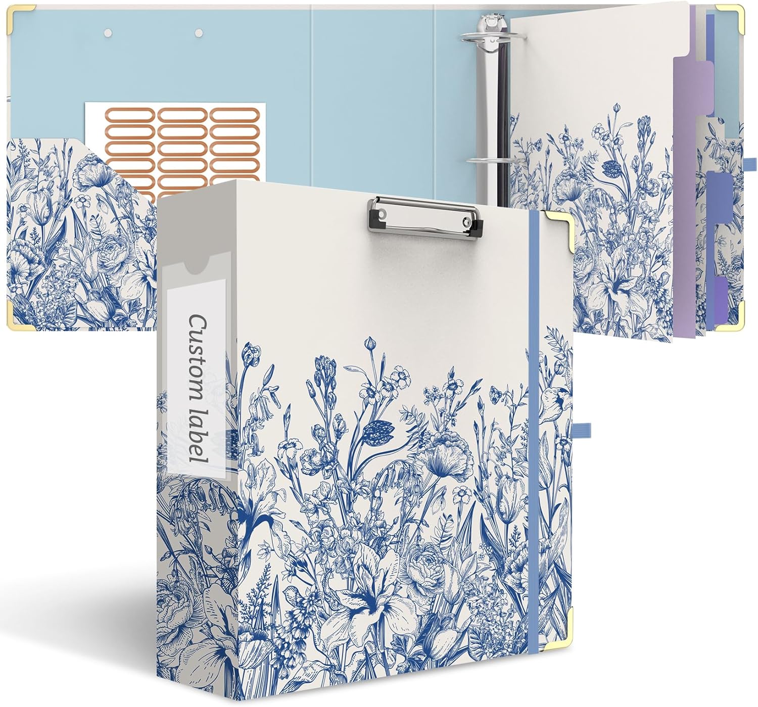 3 Ring Binder 3 Inch, Cute Round Ring Binder with 6 Tab Dividers & Label Stickers, Low Profile Clipboard with Storage, Fashion Binder for School Office Supplies (Cactus Flowers)