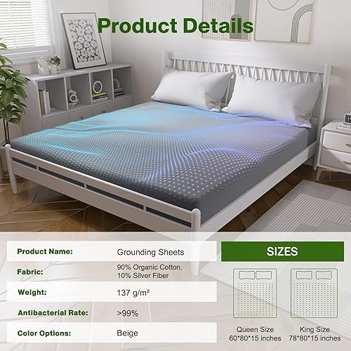 Miniatura 9 de Grounding Sheets - Sábana bajera ajustable con tierra tierra con 10% fibra de plata pura + 90% algodón orgánico, para mejorar el sueño y el
