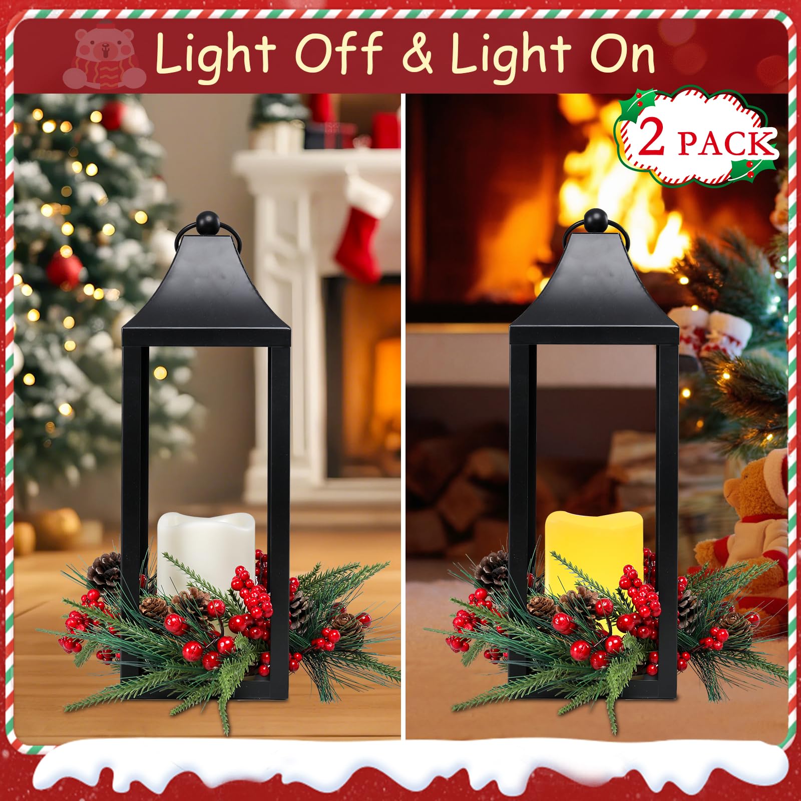 Lot de 2 lanternes de Noël décoratives pour intérieur, extérieur, 40,6 cm, lanternes à bougie décoratives sans flamme avec pommes de pin et baies pour centres de table, maison, porche