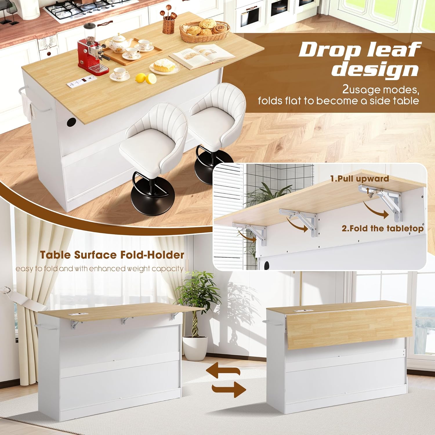 60" Kitchen Island with Power Outlet & Drop Leaf, Rolling Kitchen Island Table Cart w/Trash Can Storage Cabinet, Mobile Kitchen Cabinet on Wheels w/Drawers, Spice Rack, Towel Bar, Hooks (White)