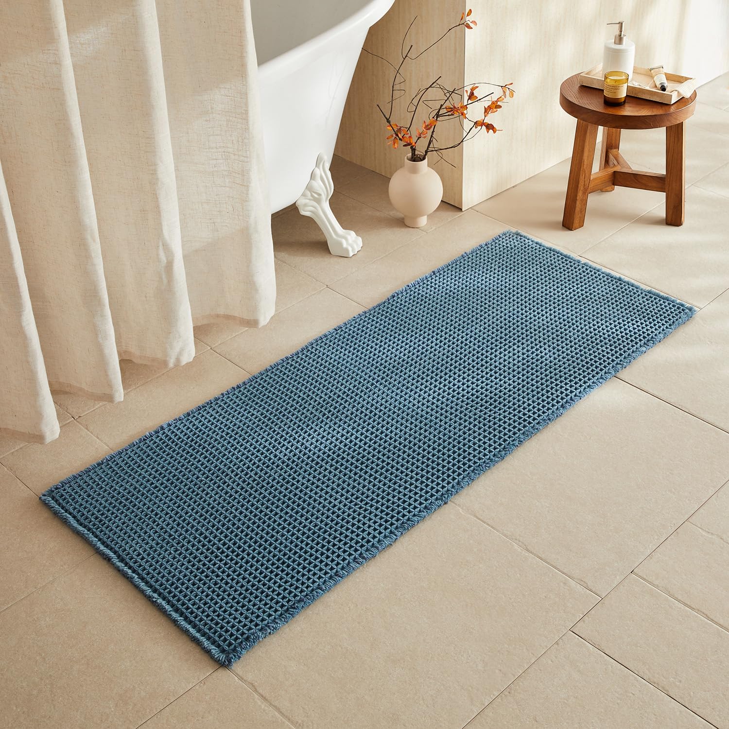 TYUU Waffle Runner Rug Bathroom, Long Boho Bath Mat, 60x24 Denim Blue