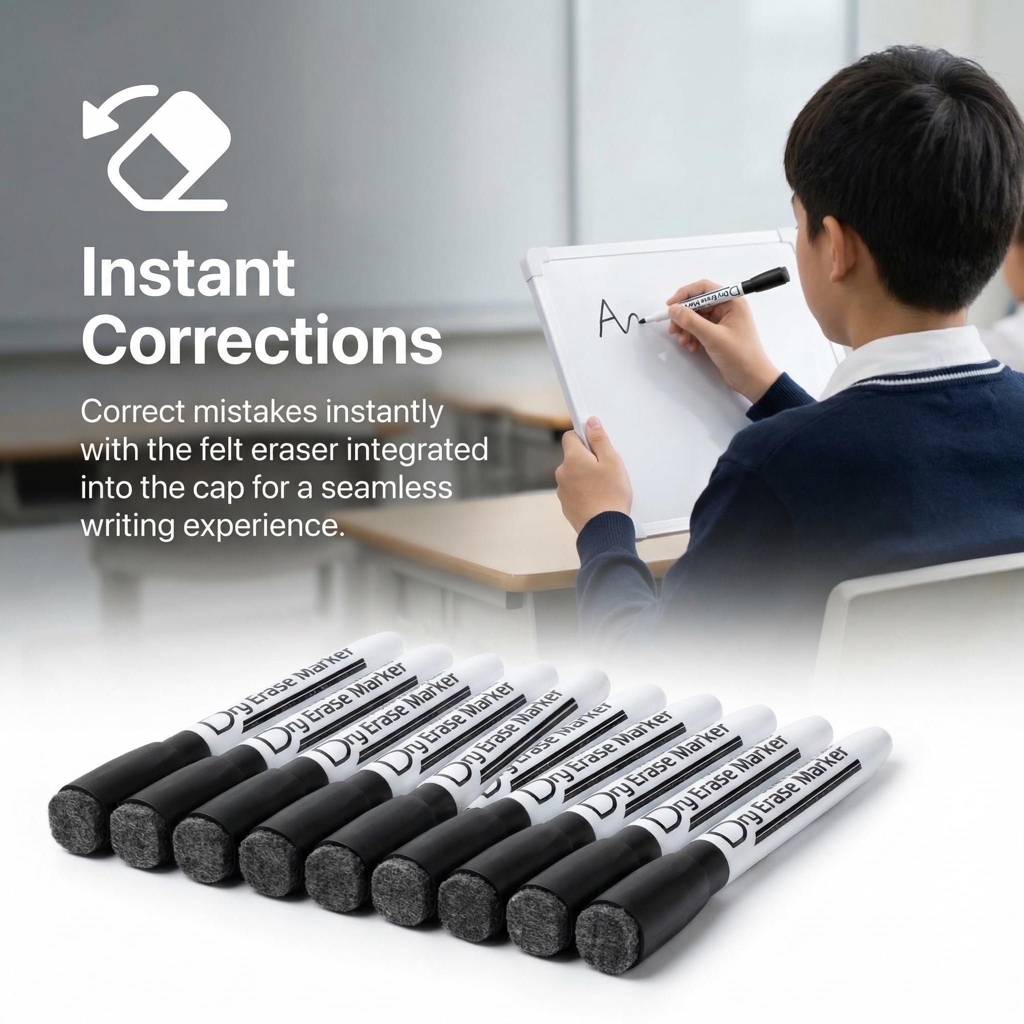 Volcanics magnetische Whiteboard-Marker mit Radiergummi, geruchsarm, feine Spitze, Schwarz, 12 Stück | Whiteboard-Stifte, präzises Schreiben für detaillierte Notizen, Planer, Etiketten und Whiteboards.