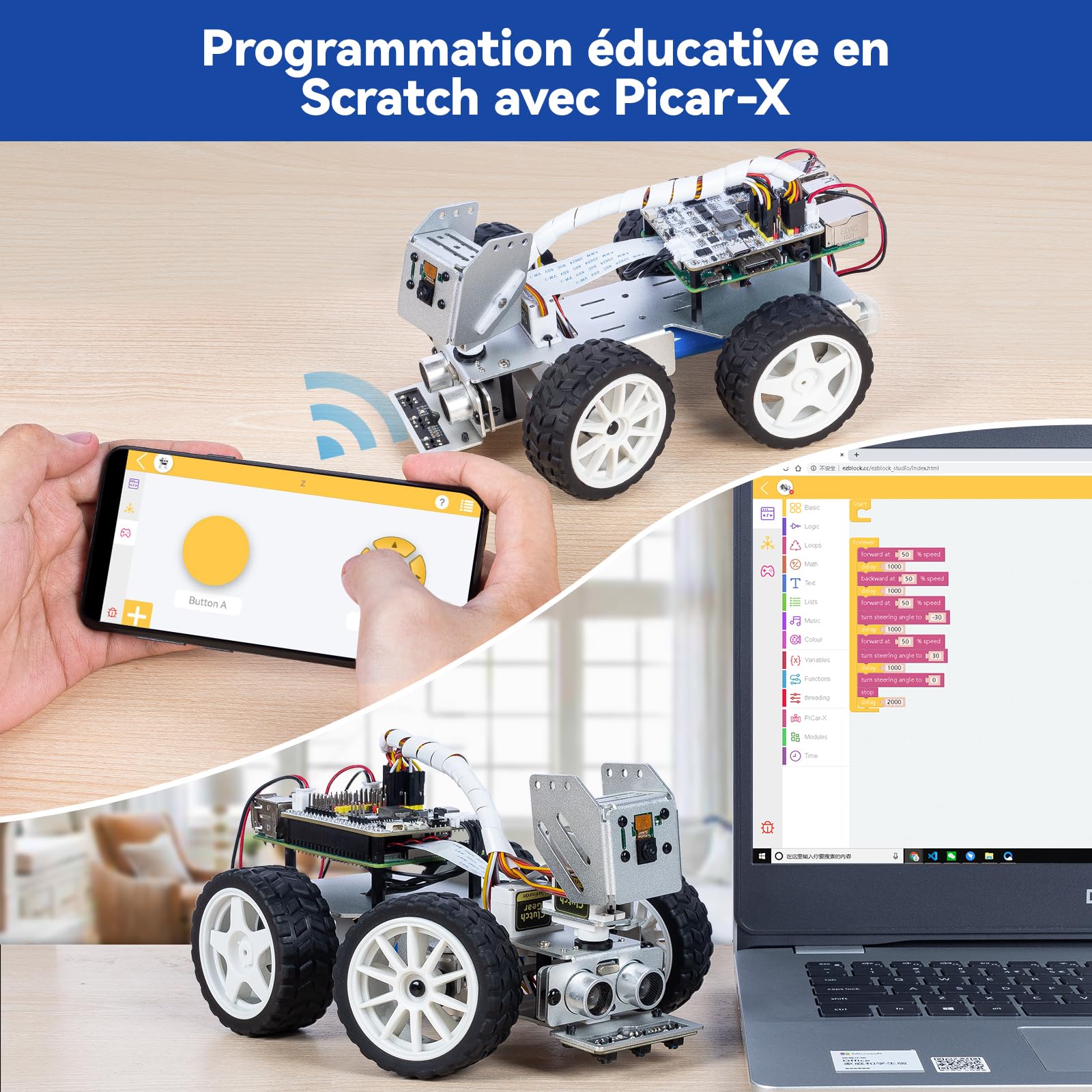 SunFounder Kit robotique vidéo Picar-X AI pour Raspberry Pi 5/4/3B+/Zero 2w, LLMs ChatGPT-4o/Gemini/Grok, Reconnaissance vocale et vidéo, Python, Scratch, caméra, Batterie (RPI Non Inclus)