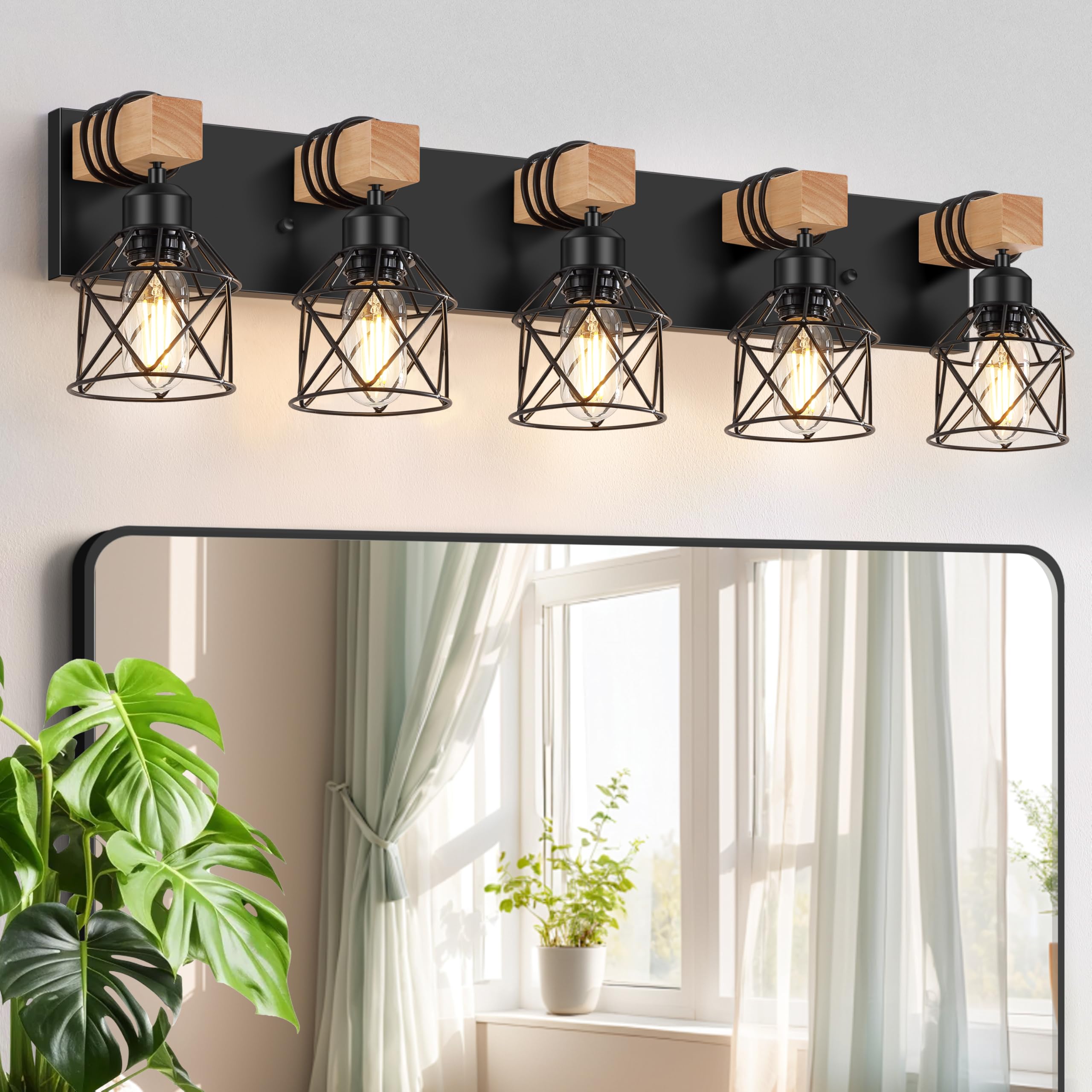 FadimiKoo 5-Light Wooden Black Bathroom Light Fixtures, Rustic Style Vanity Wall Sconces Lighting with Metal Cage, Farmhouse Bathroom Lights Wall Mount for Bedroom, Living Room, Entrance