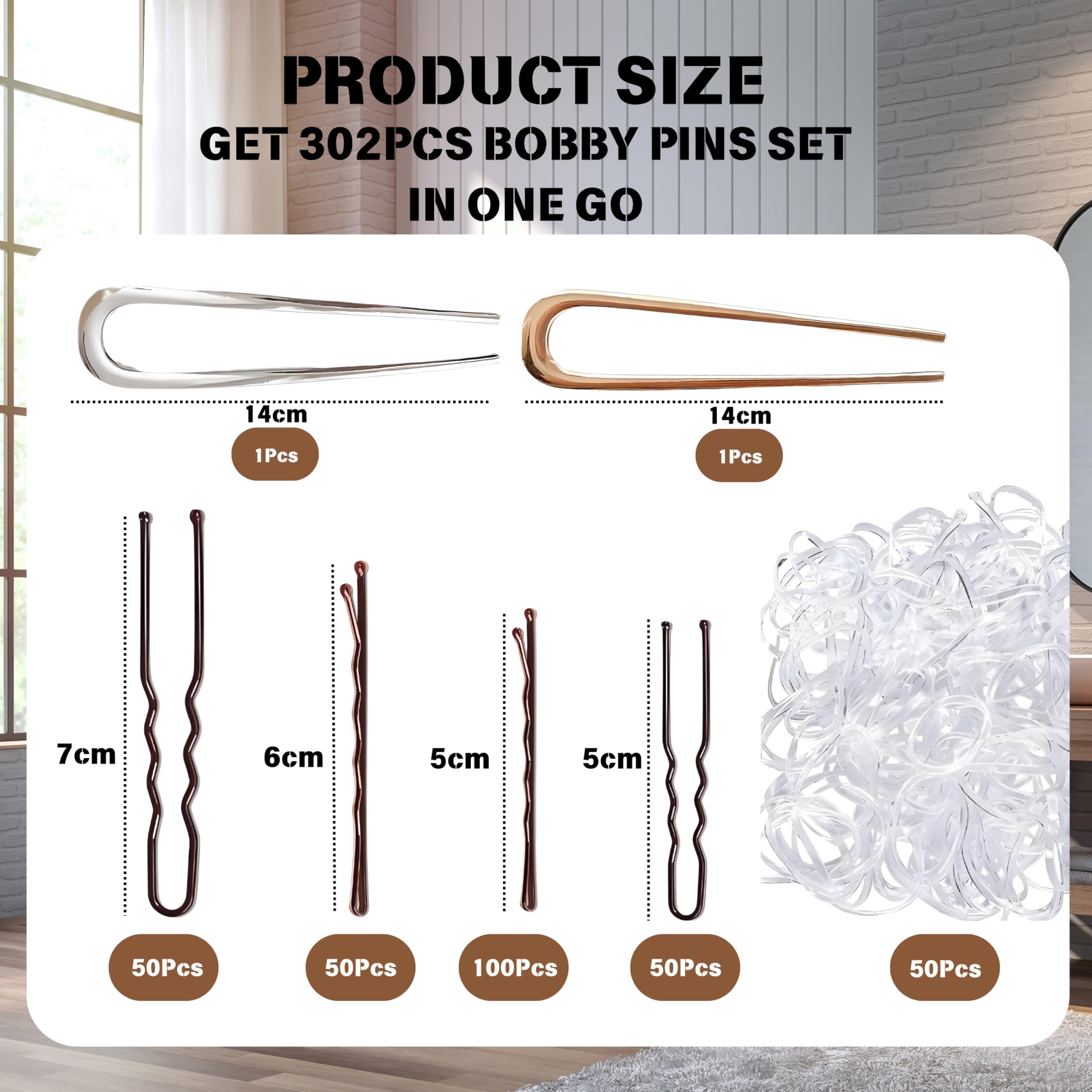302pcs Bobby Pins Set, 100 Brown Bobby Hair Grips 100 U ShapedPins 100 HairBands with 2 Metal French Hair Pins - Image 2