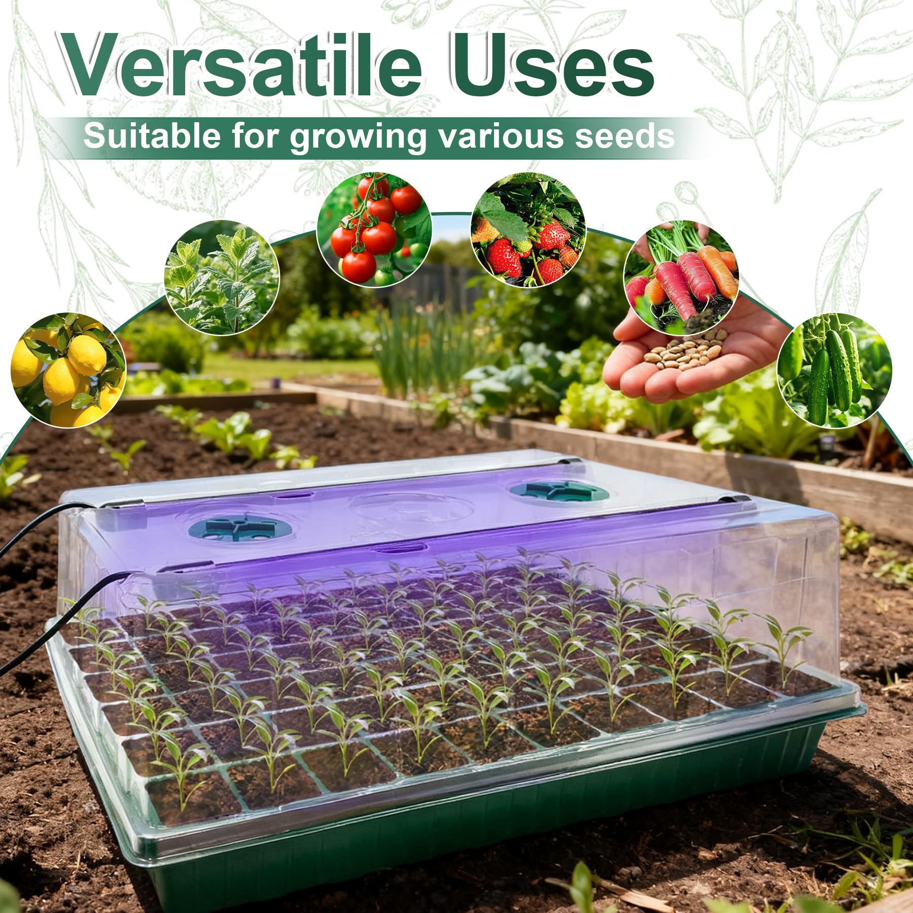 VEEKAY Serre pour Plantes kit,2 Pièces 120Cells Plateau de Semis,Kit de Culture Serre avec LED luminosité réglable,Température et humidité réglables,avec étiquettes de Plantes,Outils de Jardinage