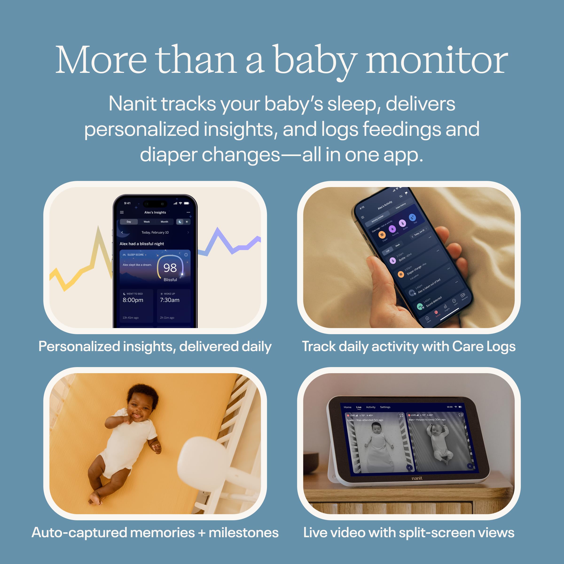 Nanit Smart Baby Monitor System with Floor Stand - Crystal-Clear Video, Real-Time Notifications, Sleep Insights - 8-inch Display/App Integration - Baby Must Haves for Parents - 5