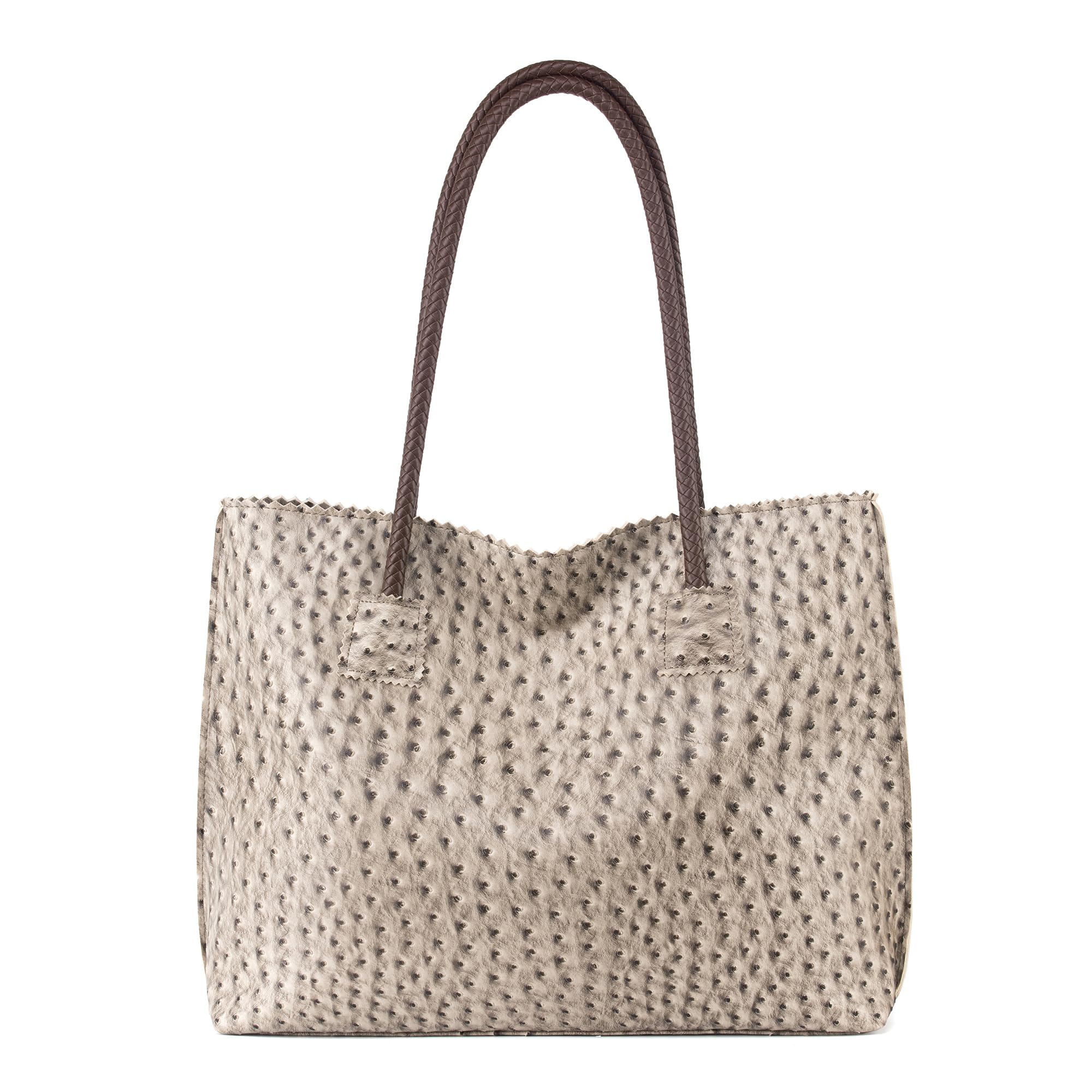 Milan Chiva Leather Tote Bag for Women with Zipper Large Ostrich Hobo Purse Shoulder Purses and Handbags Light Gray Gift MC-1038LGY