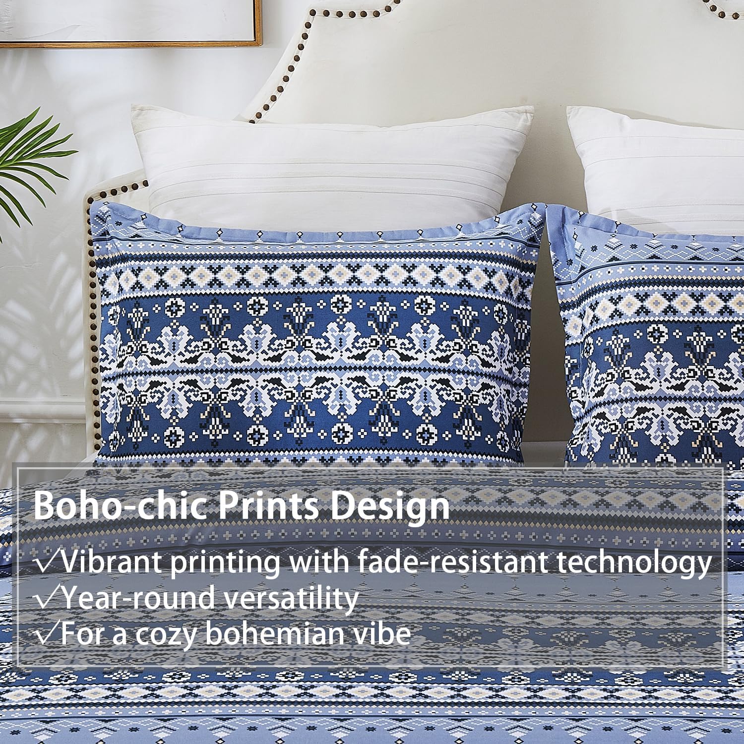 Vaulia Microfiber Duvet Cover King, 3Pcs Boho Blue Paisley Patterned Bedding for All Seasons with 1 Comforter Cover 2 Pillowcases