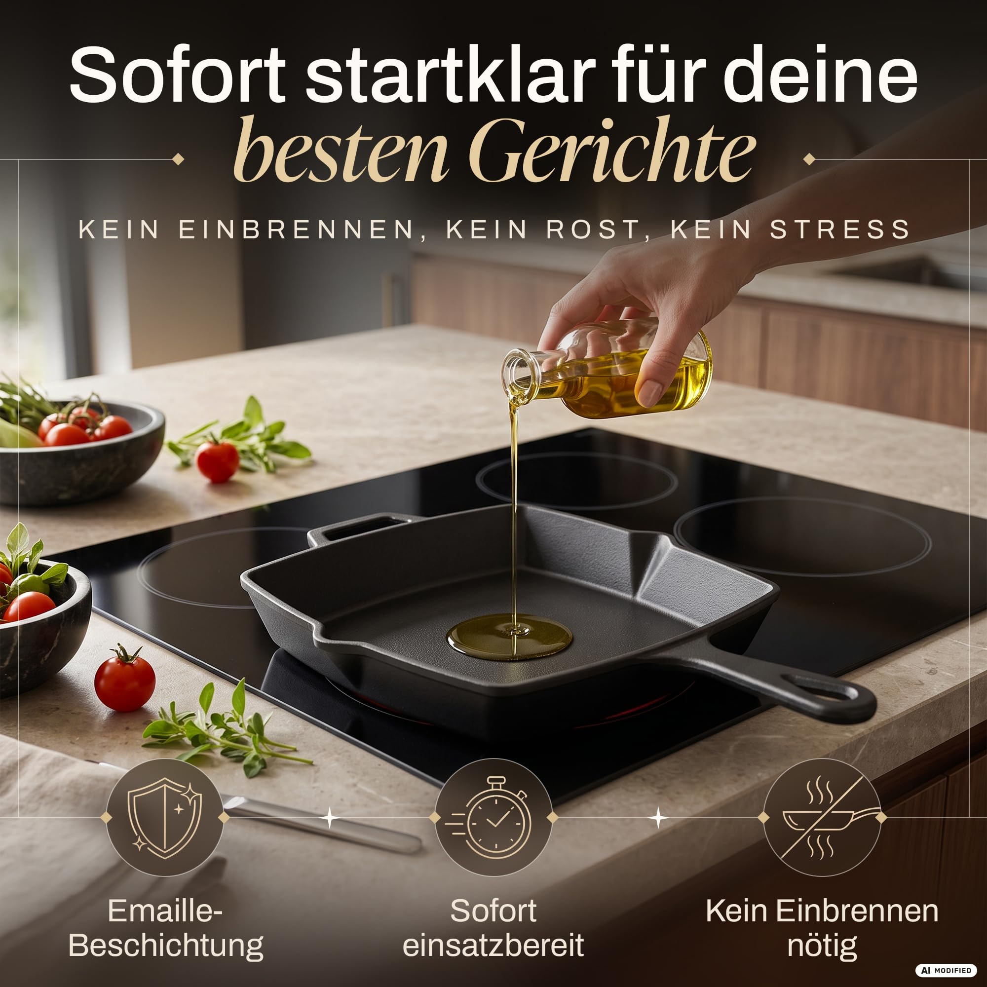 Gusseisenpfanne emailliert [26cm] Induktion - Cast Iron Pan - Inkl. Schaber
