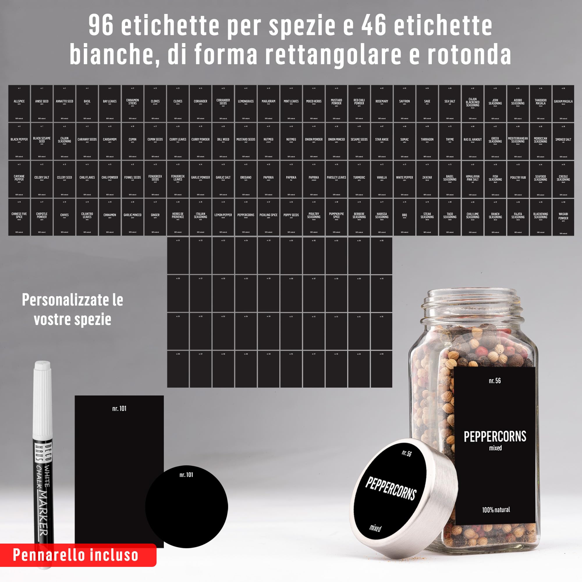 Deco haus® Set da 12 Contenitori per Spezie con Tappo a Vite - Kit per Condimenti con Etichette, Imbuto, Spazzola, Pennarello - Barattoli Portaspezie Piccoli in Vetro Trasparente da 120ml, 10,5x4,3 cm