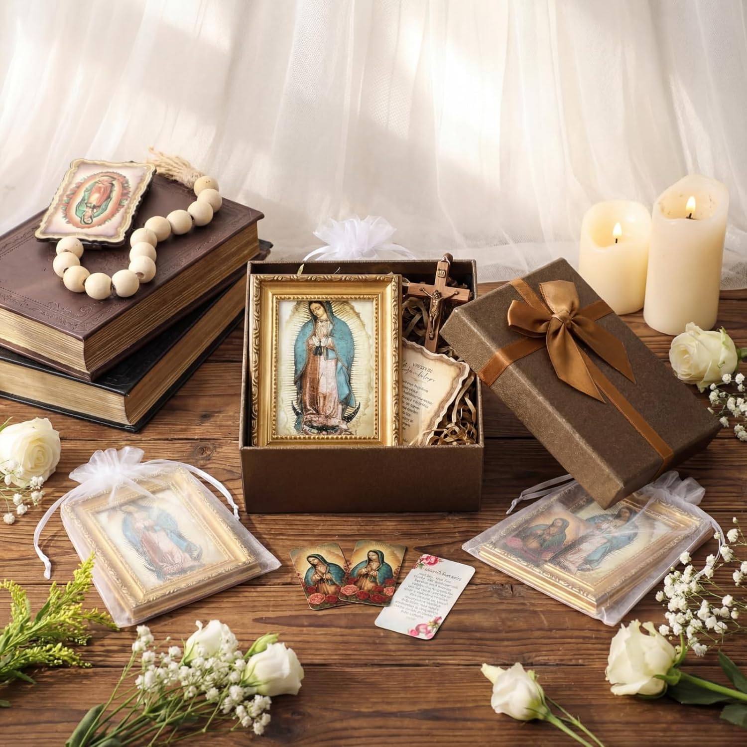 Leinuosen 6 Set Baptism Favors Our Lady of Guadalupe Frame with Easel Back Prayer Card Organza Bags Catholic Religious Gift for Guests Girls First Communion Favors Home Table Decor Church