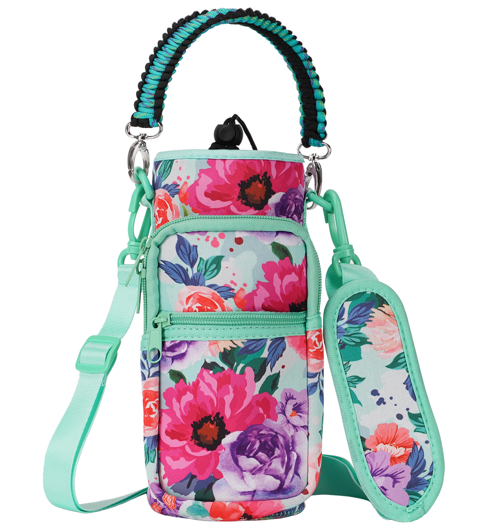 AceTreker 32/40/64/128 oz Neoprene Insulated Water Bottle Carrier Bag, Sling Bag Sleeve Pouch Holder with Strap & Paracord Handle and 2 Pocket for