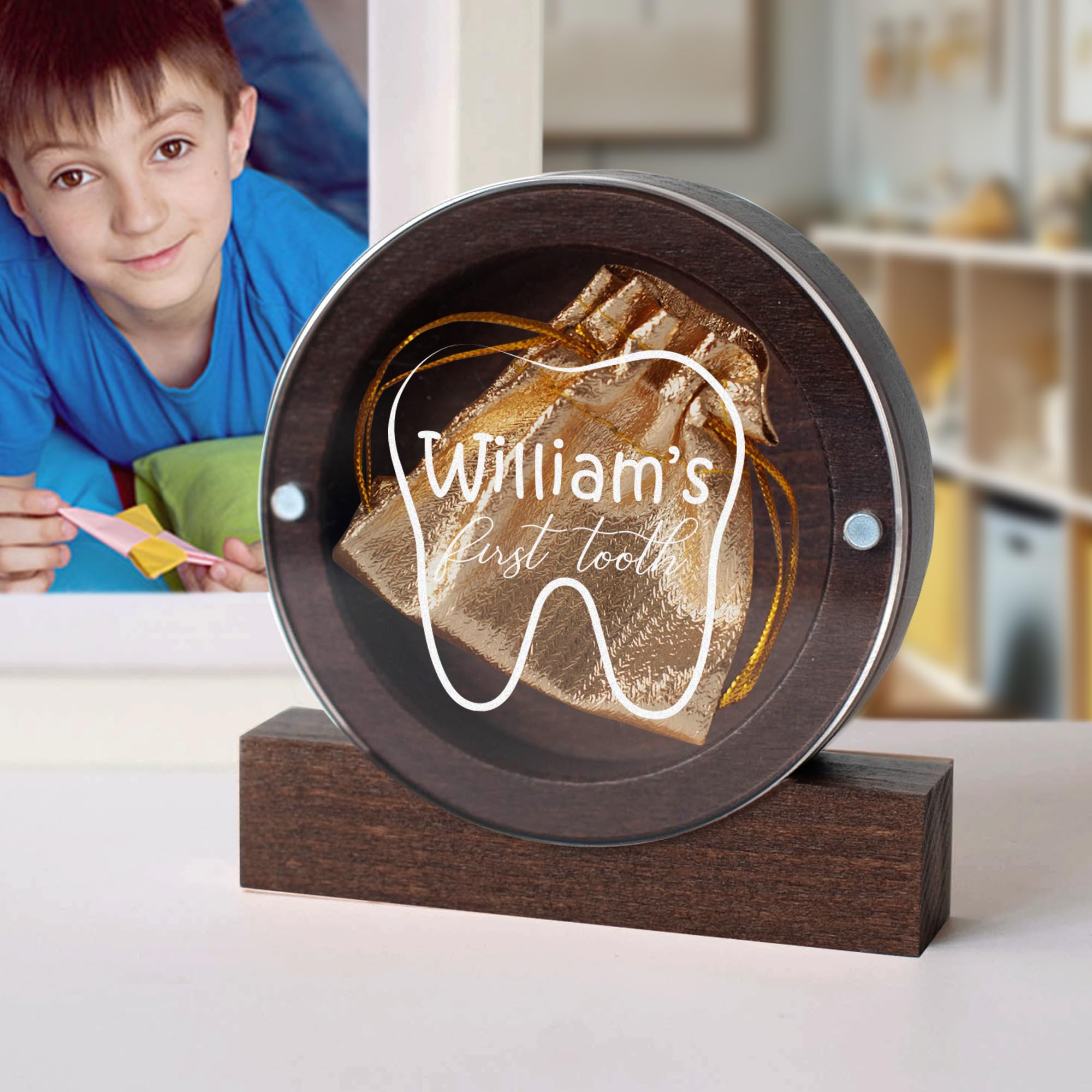 Personalized Baby's First Haircut Memory Box with Name, Wooden Keepsake with Engraving, Hair and Tooth Storage Umbilical Cord Case for Baby Shower Birthday Gift (Dark Wood Round)