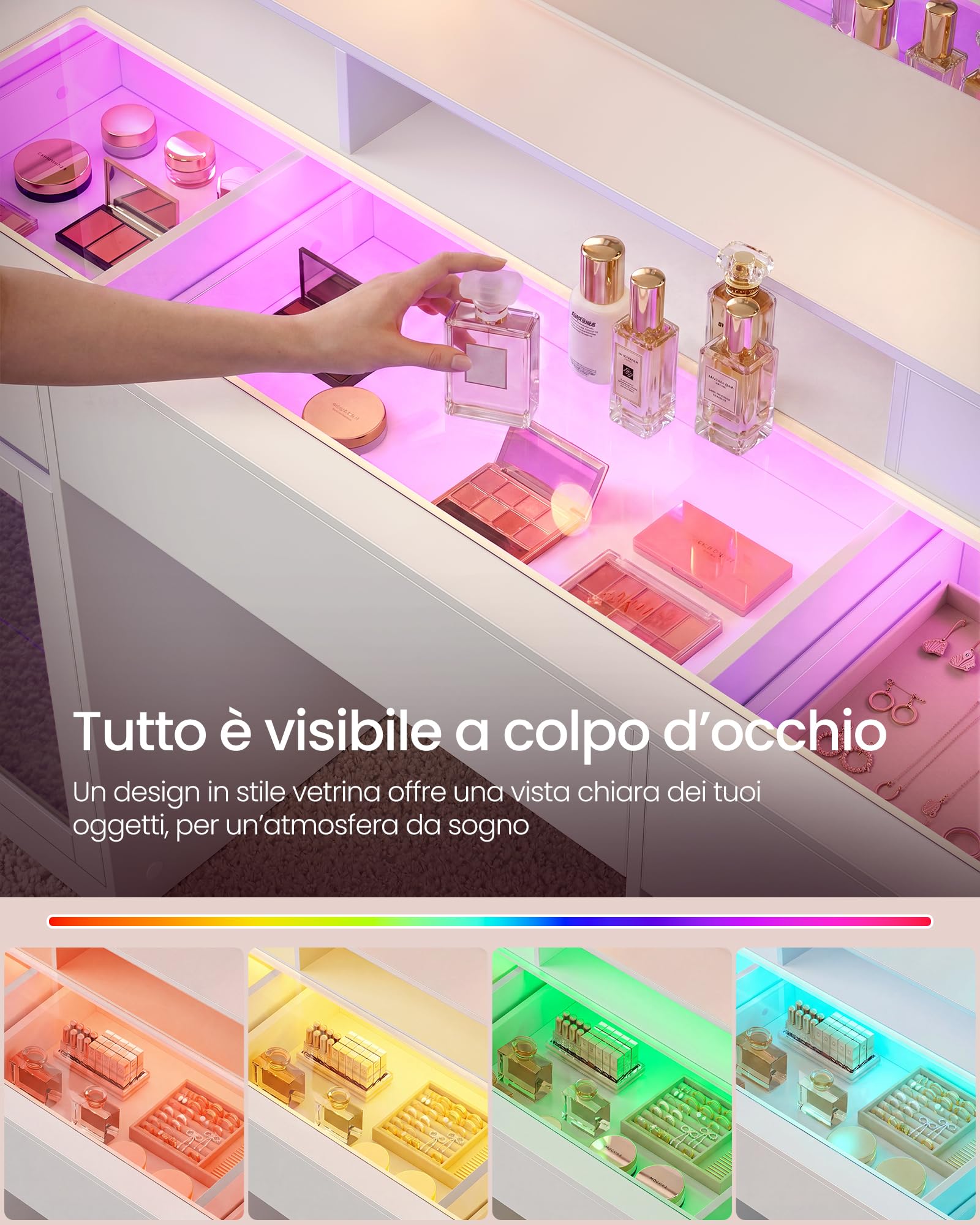 VASAGLE Tavolo da Trucco con Specchio, Postazione Trucco con Luci RGB e Prese, Armadietti in Vetro, Senza Sgabello, 107 x 40 x 144,5 cm, Bianco, per Camera da Letto, Collezione Kailyn RDT145WB01