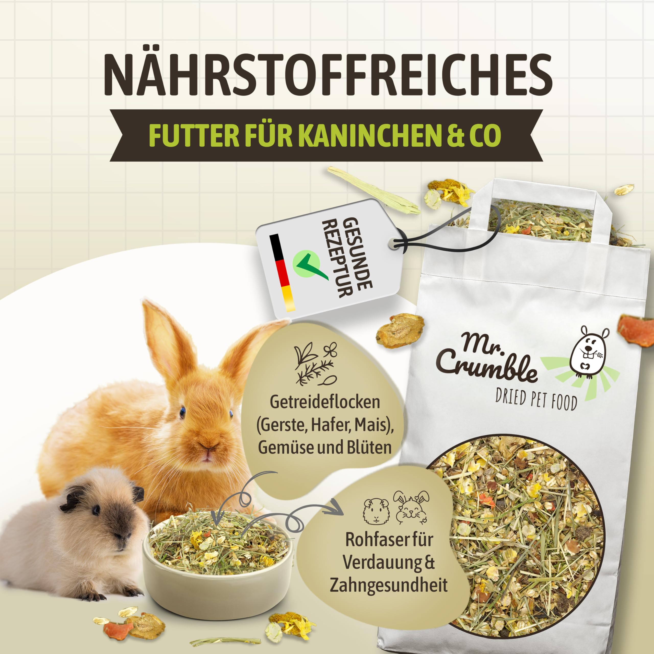 Mr. Crumble Kaninchenfutter 20 kg – Weizenfrei, ohne Pellets – Knuspermüsli mit Kräutern & Gemüse – hoher Rohfaseranteil