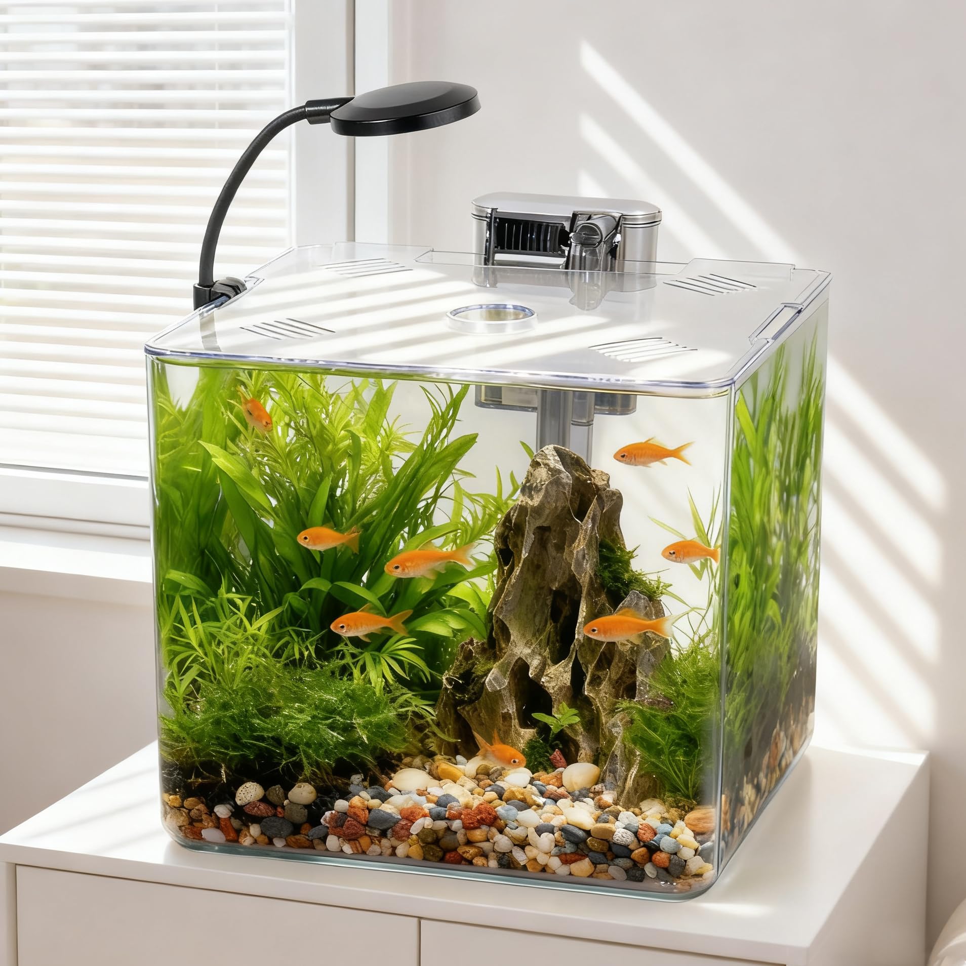 Set de acuario de 5 l para principiantes, 18 x 18 x 18 cm, mini acuario de plástico con lámpara LED y filtro USB, 5 l