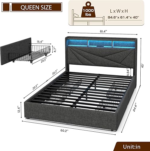 Miniatura 2 de Marco de Cama Queen con 4 cajones de almacenamiento, marco de cama tapizado tamaño Queen con luces LED en cabecero y estación de carga, no necesita