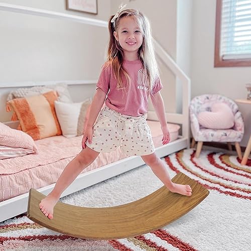 Gentle Monster Wooden Wobble Balance Board, 35 Inch Rocker Board Natural Wood, Kids Toddler Open Ended Learning Toy, Yoga Curvy Board for Office &