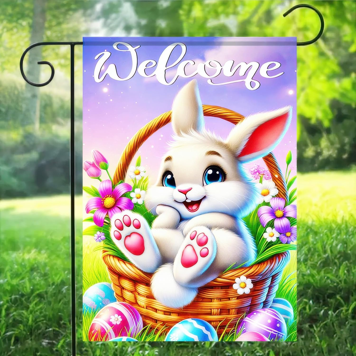 Welcome Easter Garden Flag 12x18 Double Sided Rabbit Happy Easter Bunny Garden Flag Yard Outdoor Flag Floral Flower Seasonal Decors for Spring Farmhouse Holiday Outside Decorative Banner - Image 3