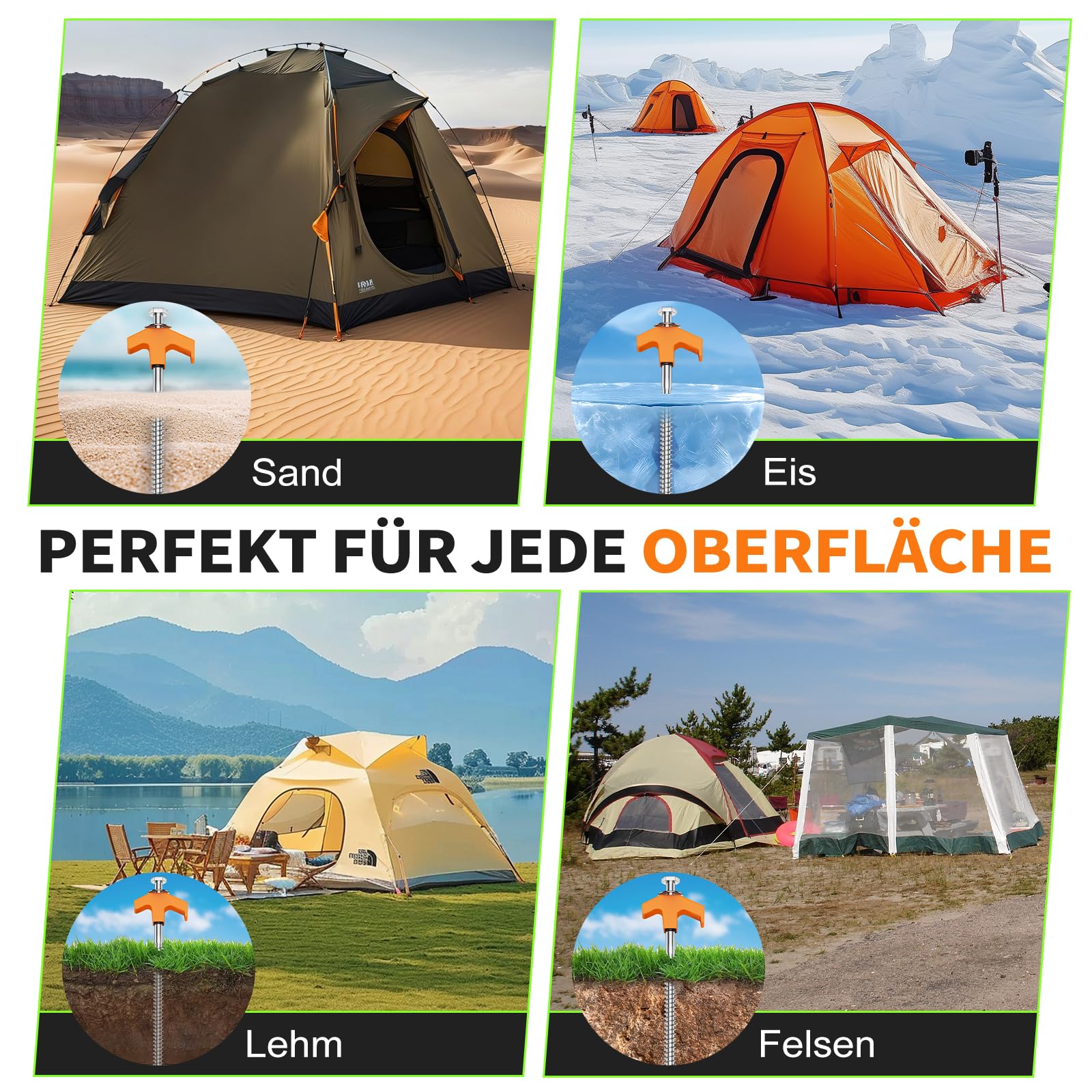 Zeltheringe, 24x Heringe Erdnägel Stabil mit Box, Stark Zeltheringe Sturmsicher mit Gewinde, Anti-ROST Camping Heringe Zelt für Harten Boden, Gras, Sandboden,Wald, Wiesen, Orange