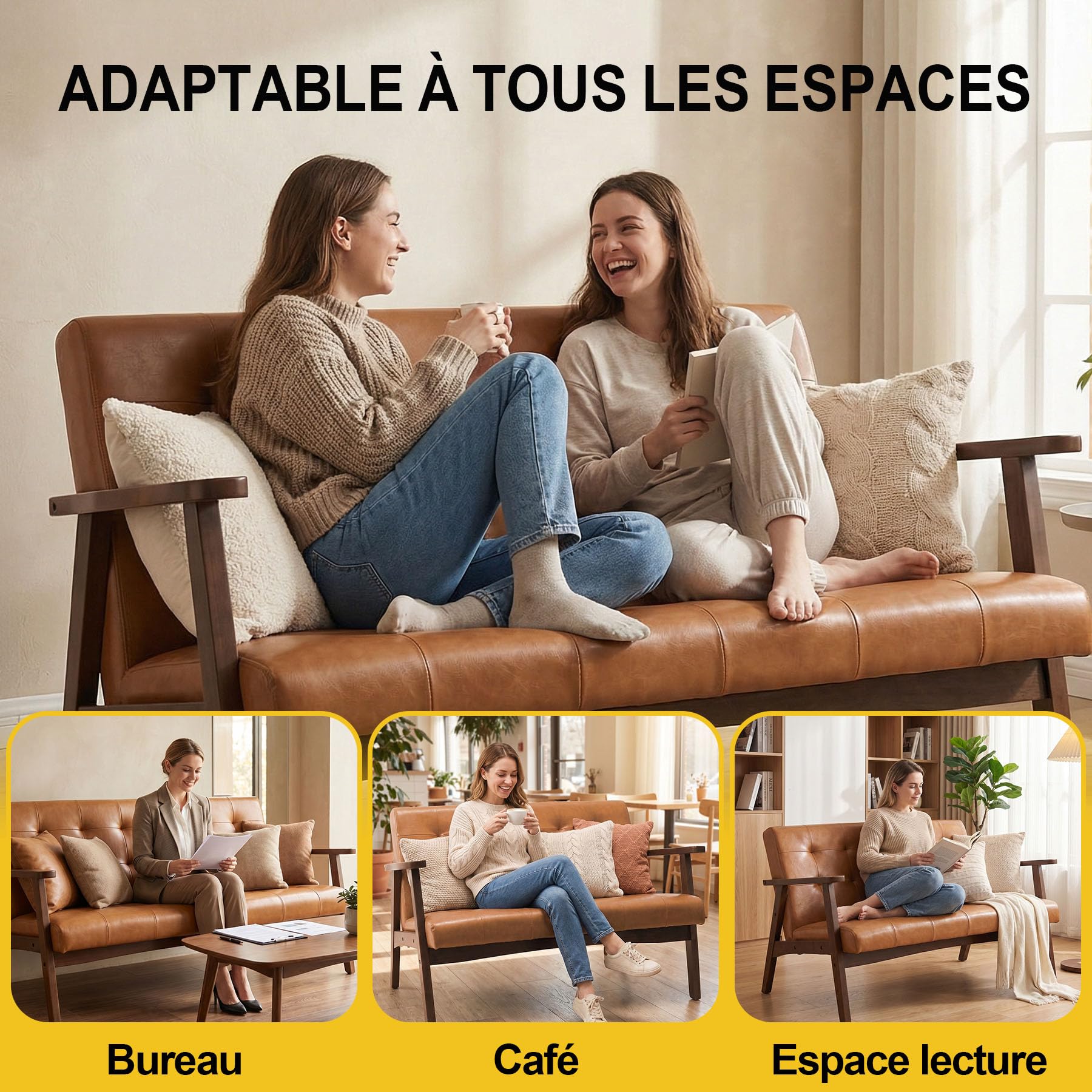 Canapé 2 Places en Simili Cuir avec Accoudoirs, Bois Massif