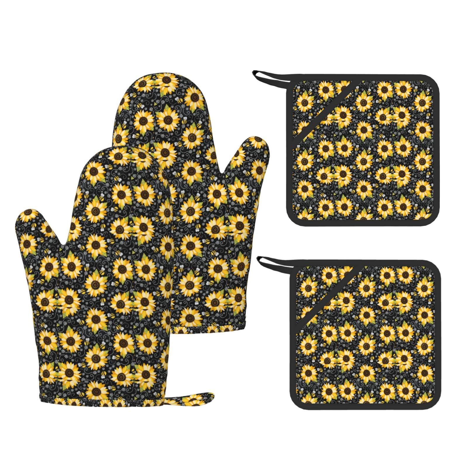 Nimongt Black Sunflower Bee Print Heat Resistant Gloves Pads Reusable Kitchen Set Oven Baking Grilling Cooking