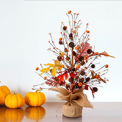 Glitzhome Árbol de mesa de calabazas de cosecha de otoño de 20 pulgadas de alto con base de arpillera, bayas decorativas, hojas, centro de mesa para