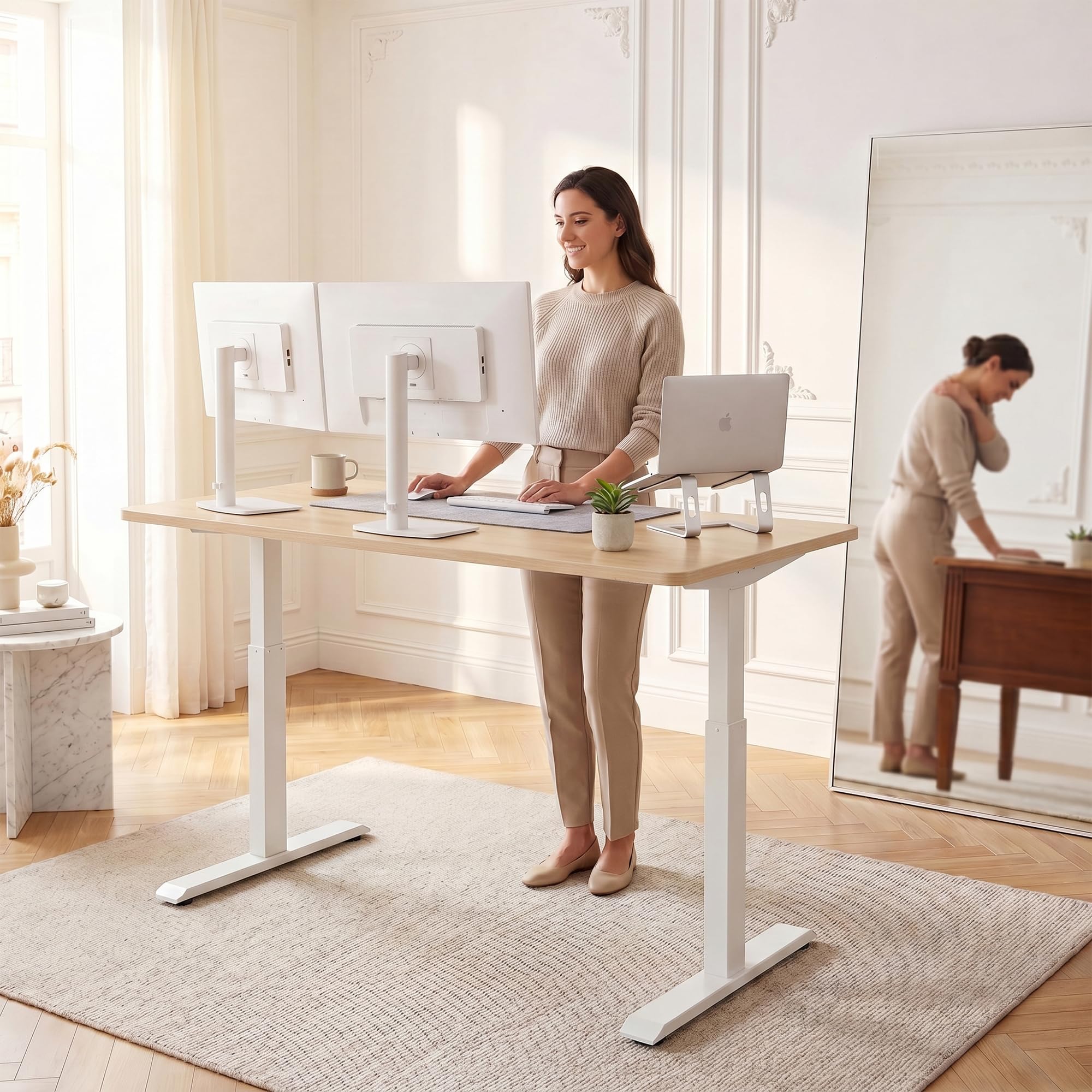 JUMMICO 120×60 cm Scrivania regolabile in altezza, telecomando 4 tasti con funzione memoria e gancio integrato, ideale per ufficio, studio e gaming, Beige | Scrivania per computer regolabile in altezza con 2 memorie, postazione di lavoro ergonomica con pa