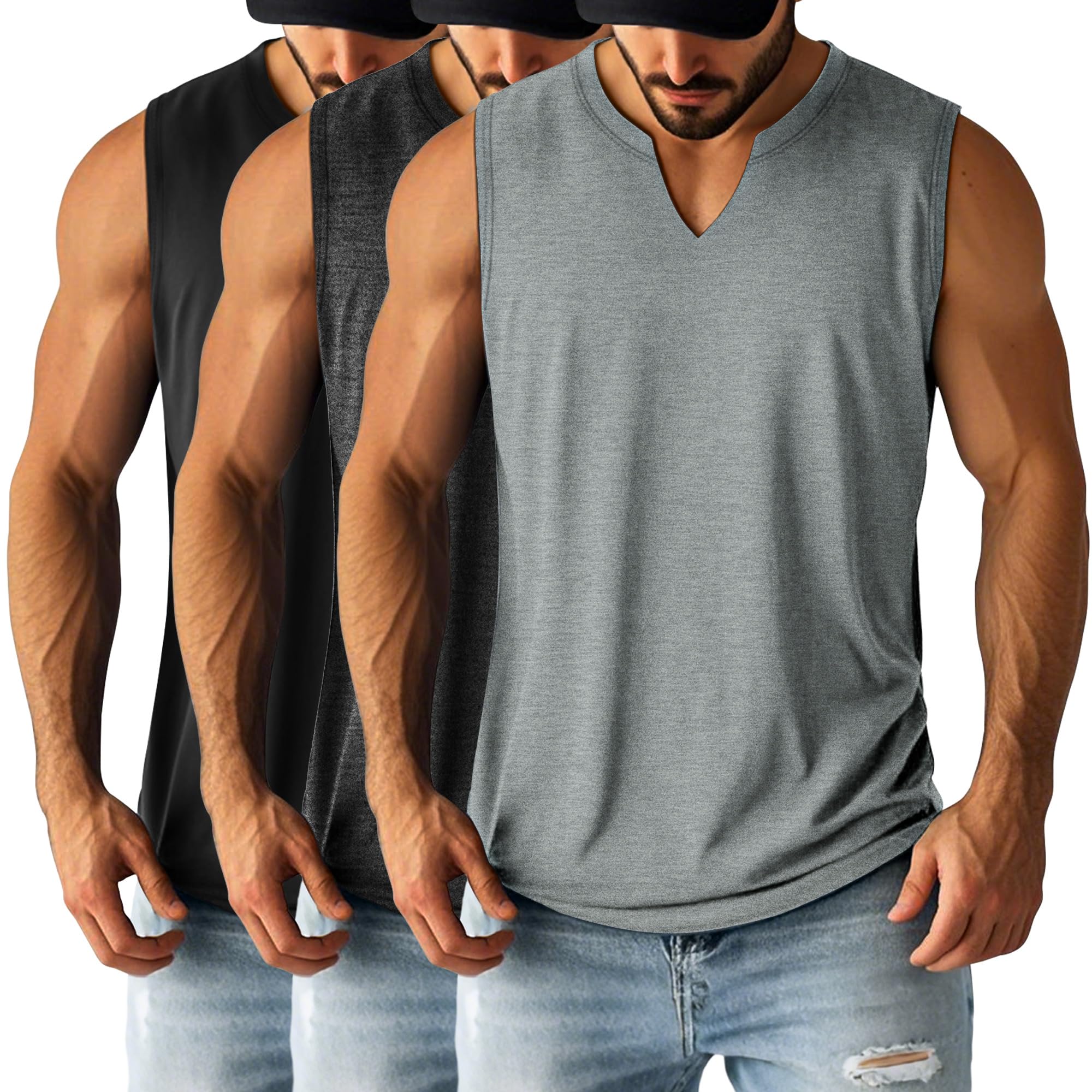 Ficerd 3 Pack Men's Sleeveless Shirts Big and Tall V Neck Workout Tank Tops Muscle T Shirts Summer Athletic Casual Basic Tees