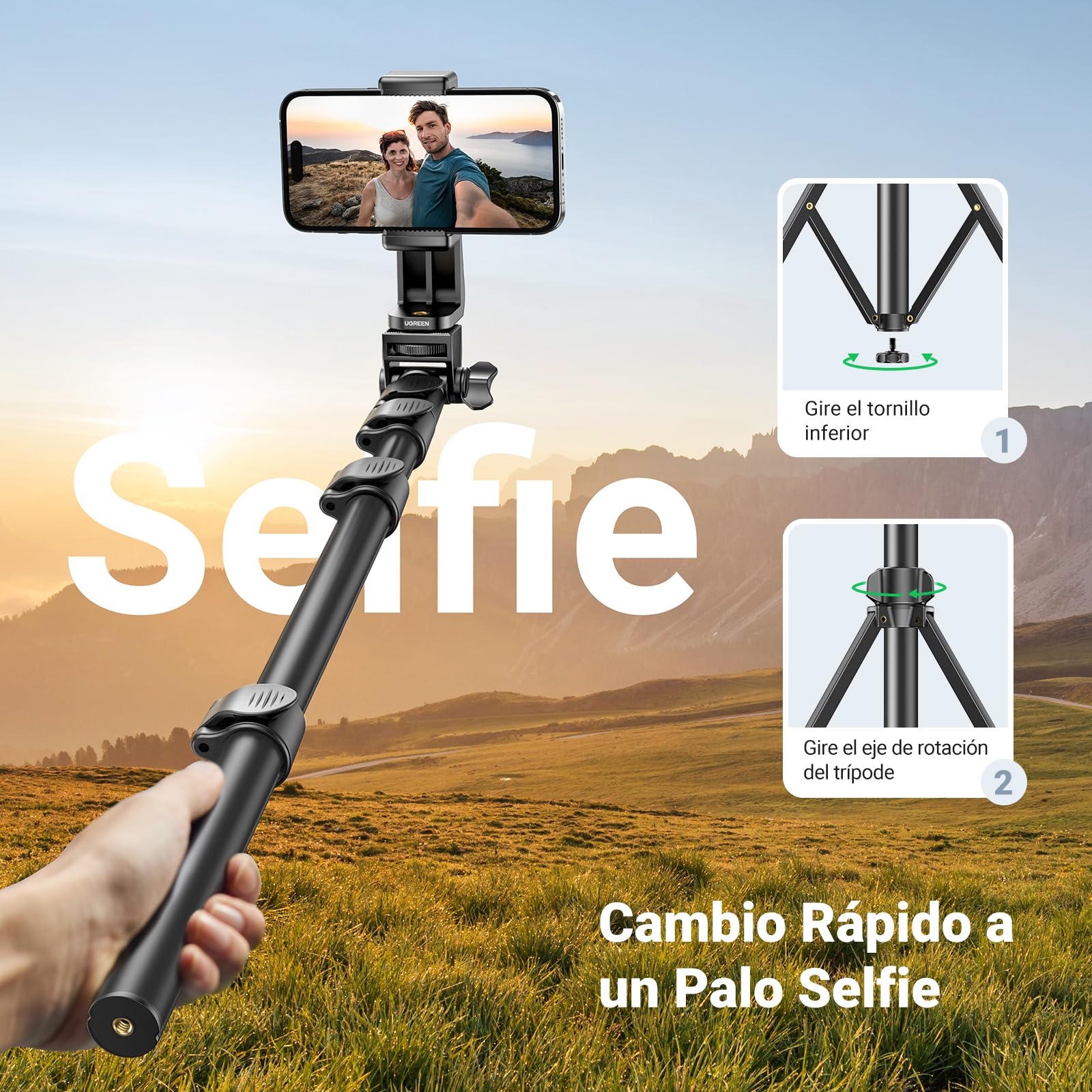 UGREEN Bluetooth Selfie Stick Trípode 3 en 1, Extensible 170cm para Teléfono con BT Control Remoto Compatible con iPhone 16/15/14/13/12/11 Pro/XS etc.
