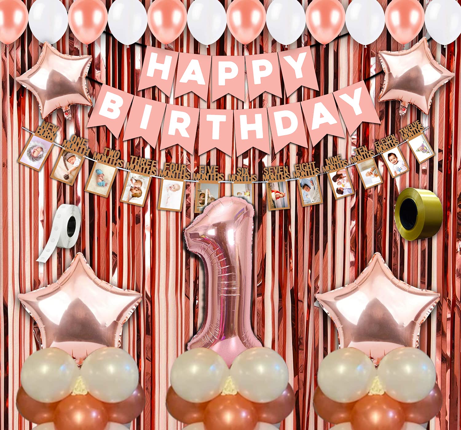 Party PropzFirst Birthday Decorations for Girl - 63 Pcs Rose Gold Balloons for 1st Birthday Party Decorations | Pink Happy Birthday Banner | Rose Gold Backdrop Curtain | First Birthday Decoration Kit