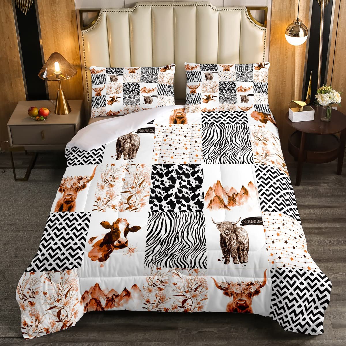 Highland Cow Duvet Set for Girls Boys Kids Cow Geometric Bedding Set Floral Farmhorse Highland Cattleative Leopard Duvet Insert Brown King Size 3Pcs