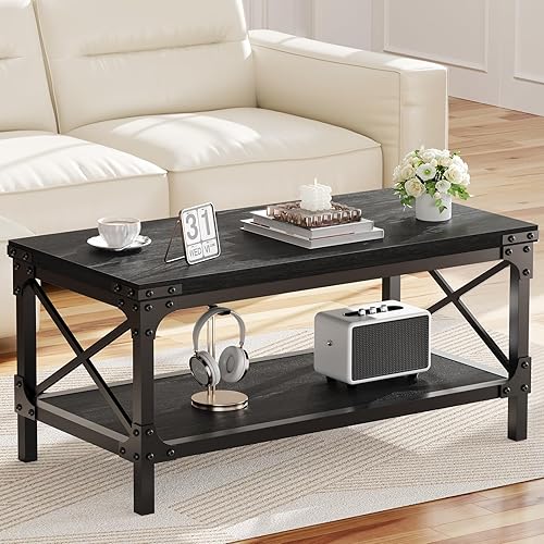 Mesa de café rectangular para sala de estar, mesa de café rectangular de madera, mesa central industrial moderna de 2 niveles con tablero engrosado