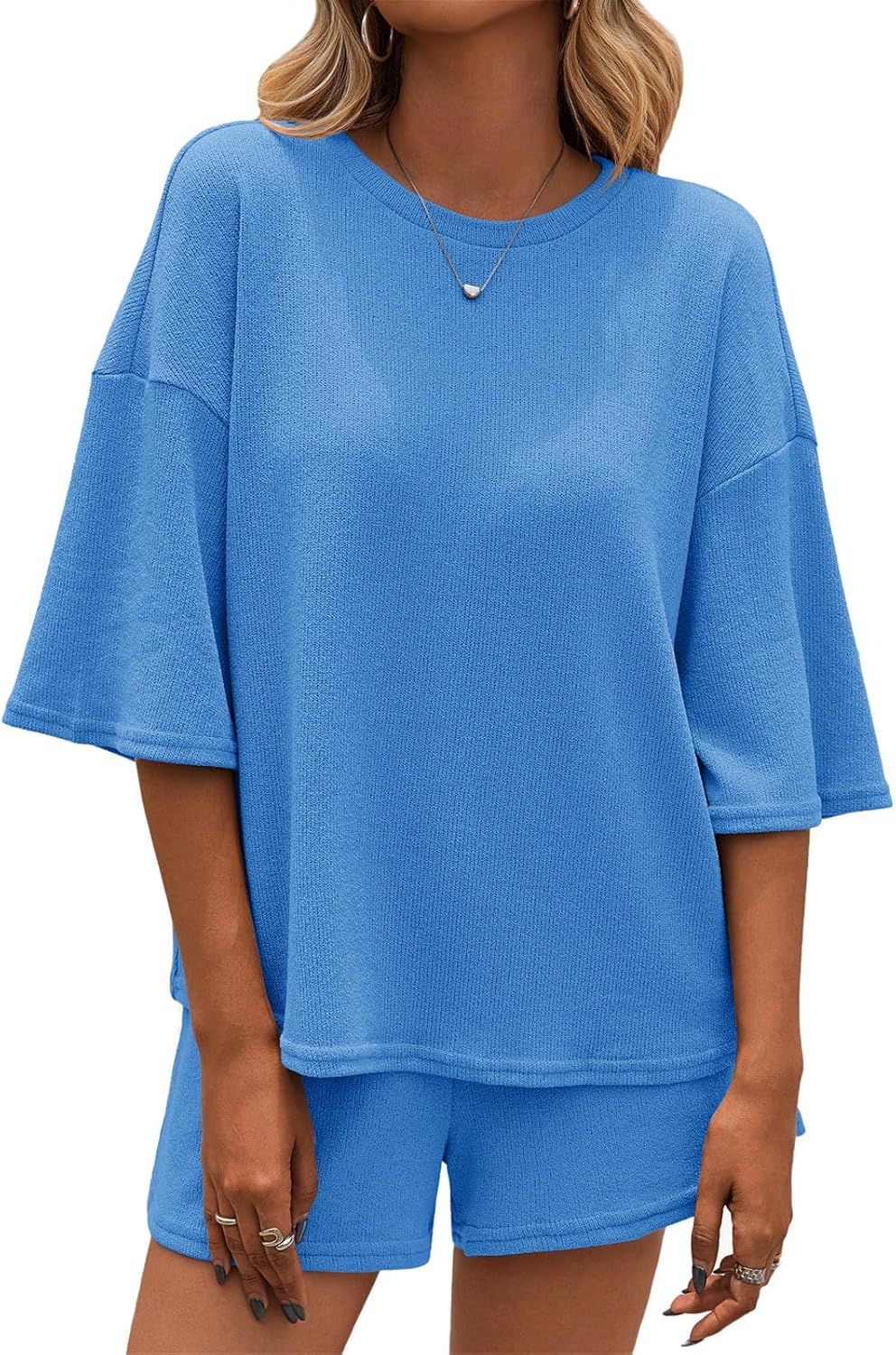 Tankaneo Womens 2 Piece Outfits Sweater Set Lounge Sets 3/4 Sleeve Oversized Tops and Elastic Waist Shorts Pajama Sets