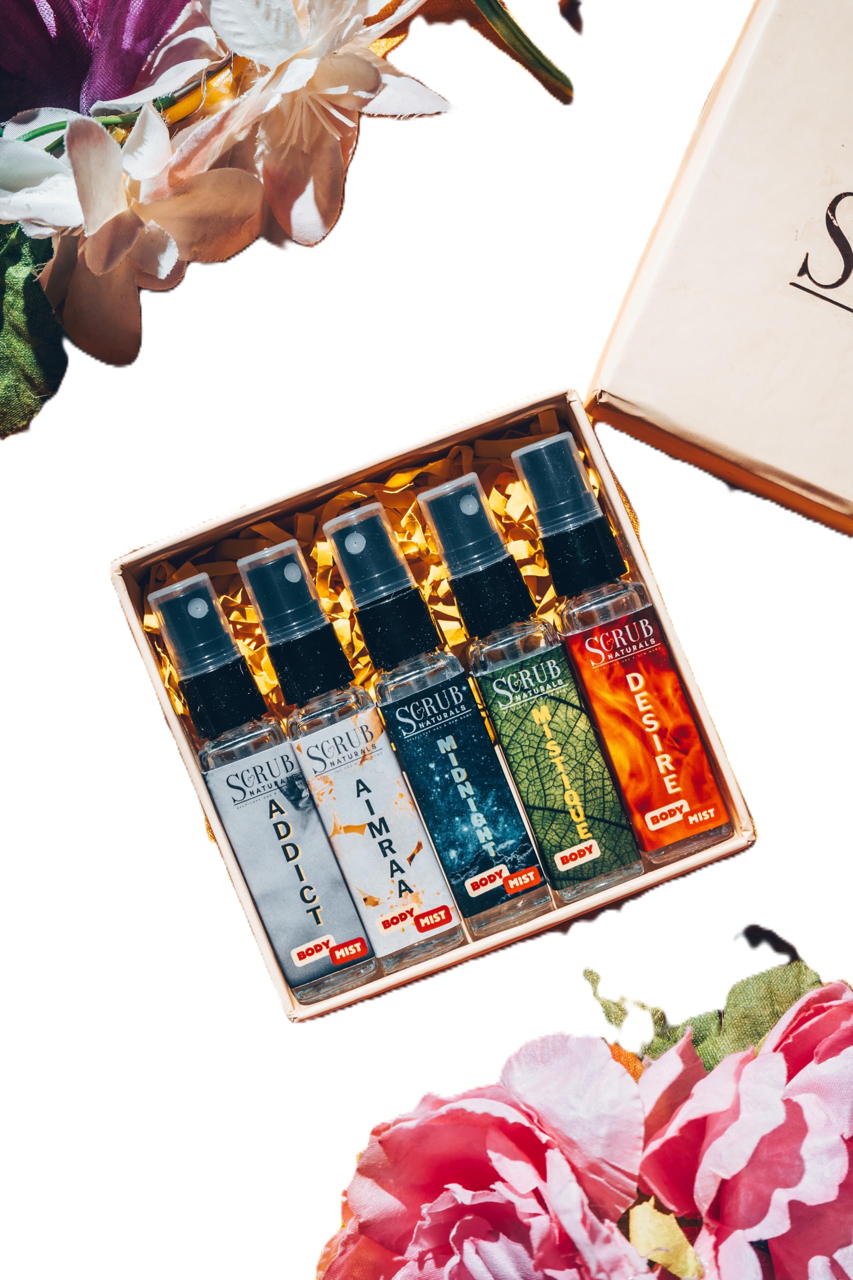 Scrub Naturals Luxury Unisex Body Mist Gift Box 5x10ml for Men and Women | Midnight, Aimraa, Mistique, Desire, Addict | Long Lasting Fragrance | Intense Scent | Travel-friendly Body Spray.-image-23