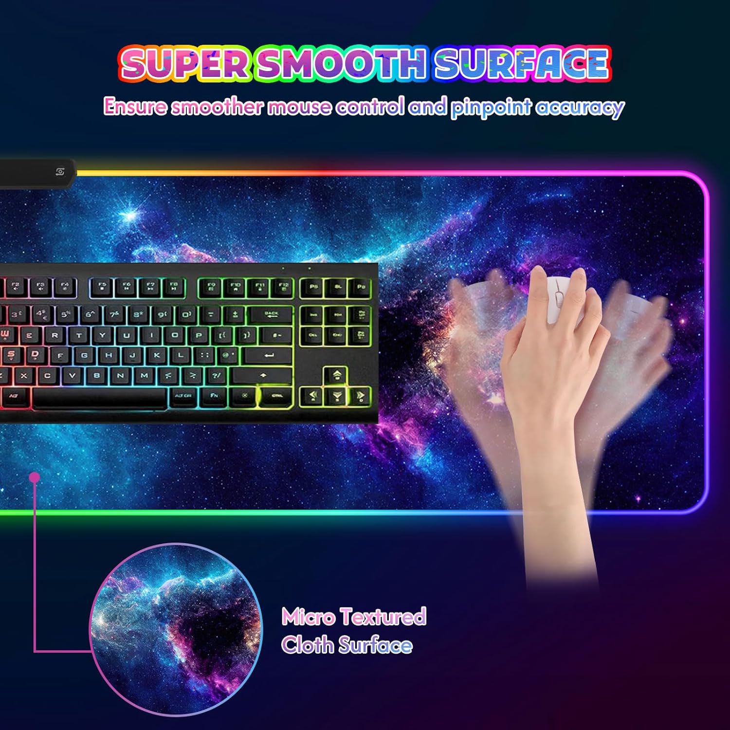 ToLuLu RGB Mouse Pad Gaming, Large LED Mouse Pad with 14 Lights Modes, 35.4 x 15.7 inches XXL Desk Mat for Keyboard and Mouse, Extended Desk Pad Mat PC Gaming Mousepad Accessories（Blue Purple Galaxy - Image 4