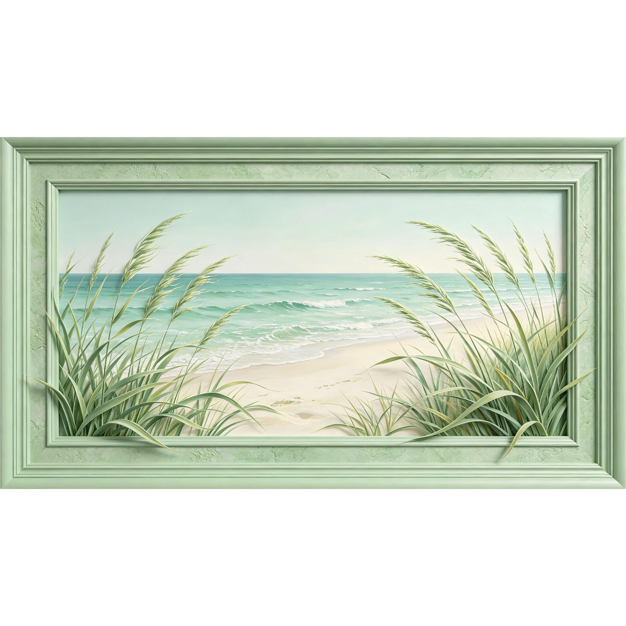 QZLITHOTIC 50×90cm3D Framed Wall Art， Coastal Ocean Beach Shoreline Wild Reeds Scenic Oil Painting Self?Adhesive Mural， Water?Activated Peel & Stick Fabric Decor Wall Decal for Bedroom Living Room