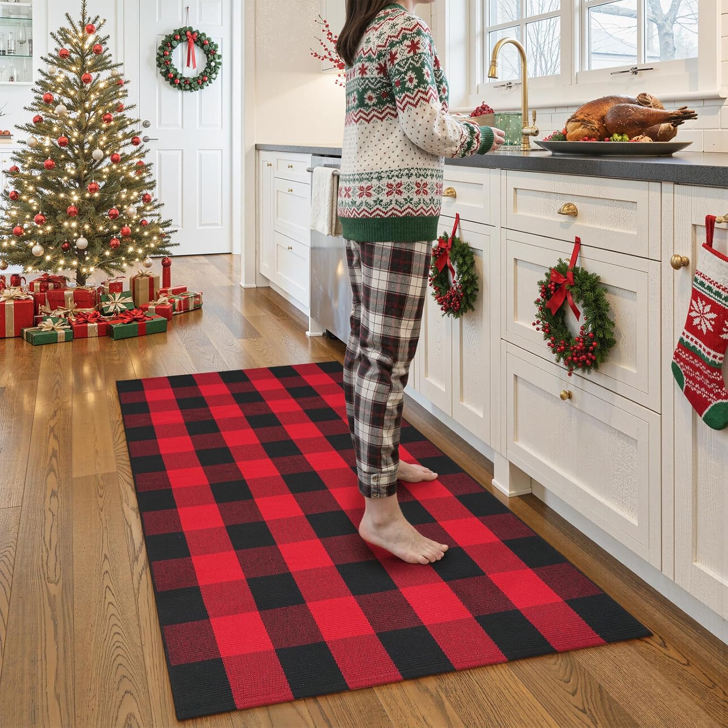 LEEVAN Christmas Outdoor Rug 3x5, Buffalo Plaid Washable Red and Black Checkered Entryway Rug, Xmas Holiday Decor Front Porch Door Mat, Woven Cotton Area Rugs for Kitchen Patio Bathroom