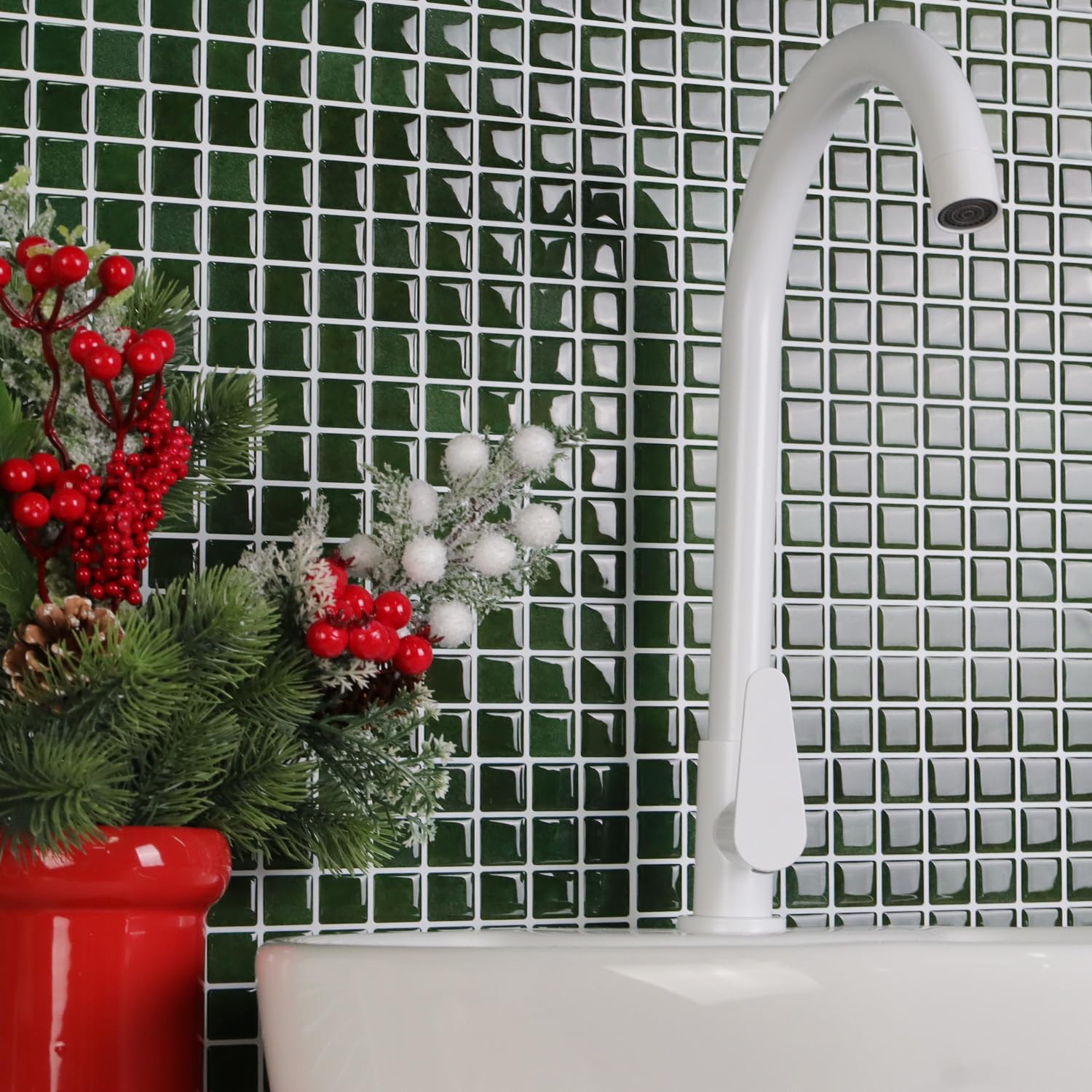 Alwayspon Piastrelle adesive da parete in vinile 3D a mosaico, 25,4 x 25,4 cm, impermeabili, autoadesive, paraspruzzi, per cucina, bagno, parete, verde retrò, 10 pezzi