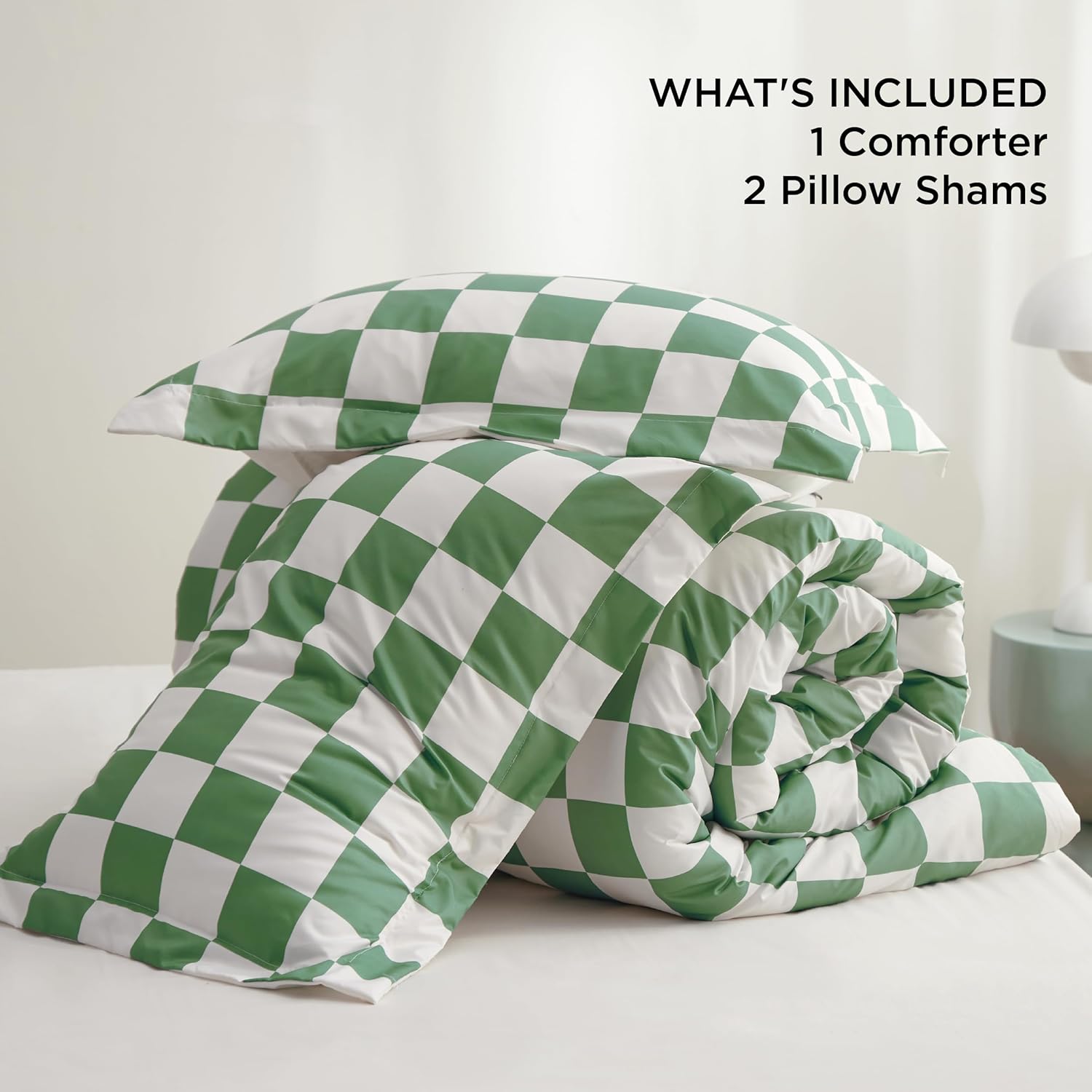 Bedsure Comforter Set Queen Size - Checkered Bedding Comforter Set for Boys, 3 Pieces, 1 Soft Green Comforter and 2 Pillow Shams