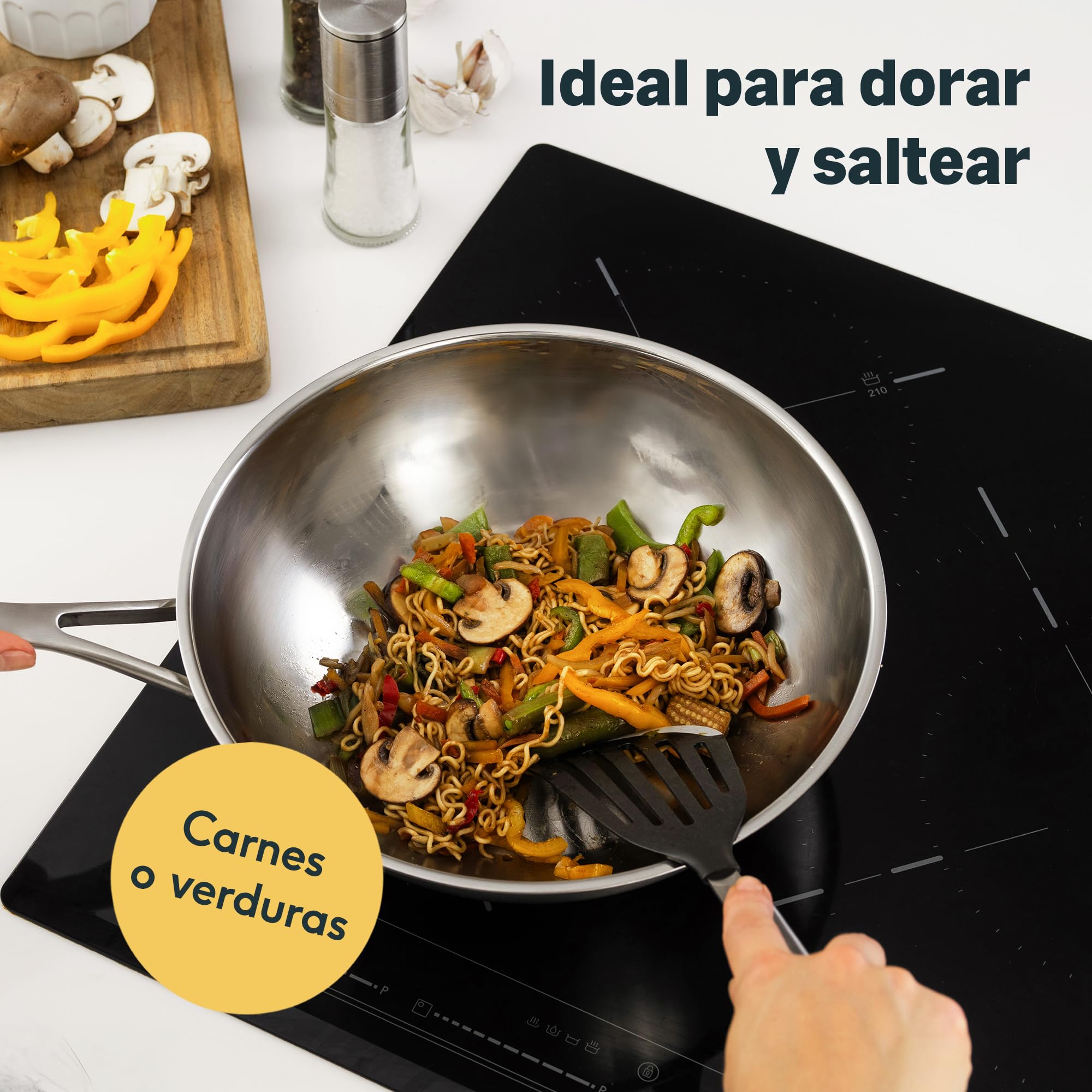 SILBERTHAL Wok acero inoxidable 28 cm - Induccion gas y vitroceramica - Sarten honda para saltear y freir