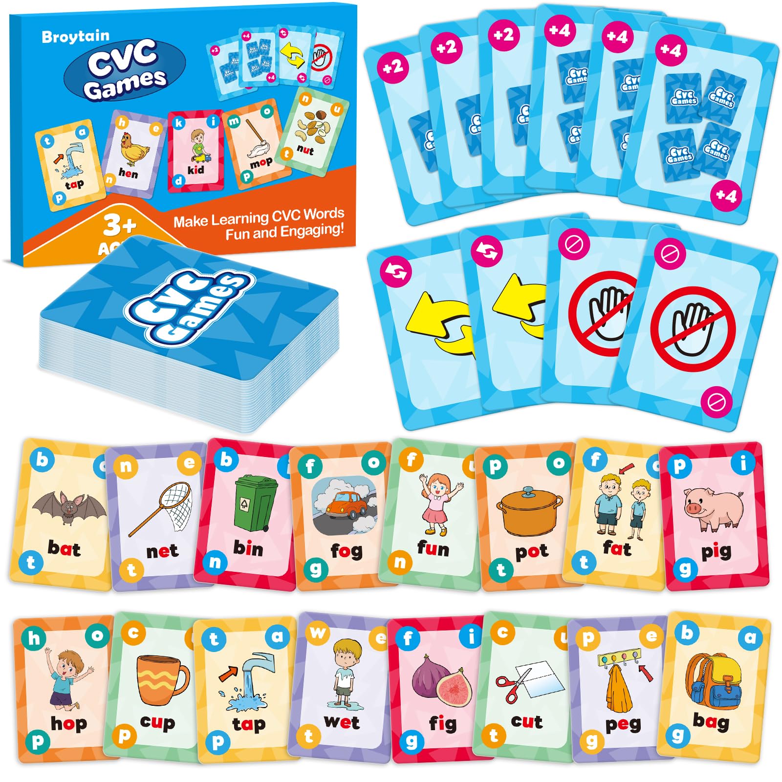 Broytain CVC Phonics Games for Toddlers,CVC Word Toy for Kids,Reading Card Game for Ages 4 5 6,Phonics Flash Cards to Learn Words,Educational Flashcards for Preschool Kindergarten, and Homeschool