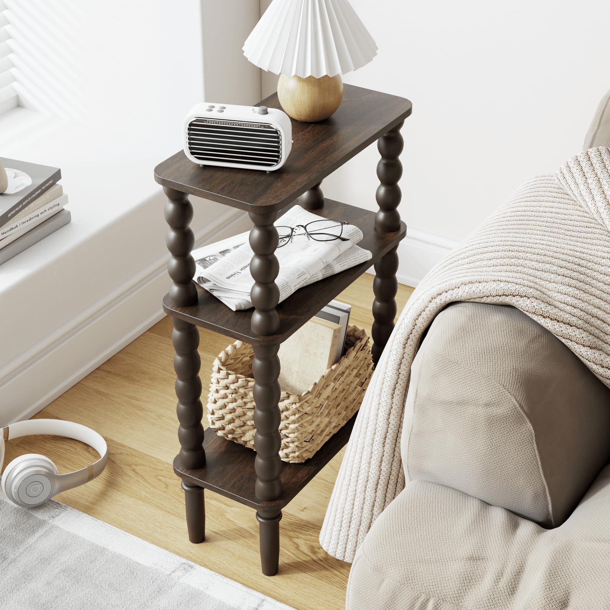 JERX 3-Tier Narrow Side Table Small End Table Walnut Brown